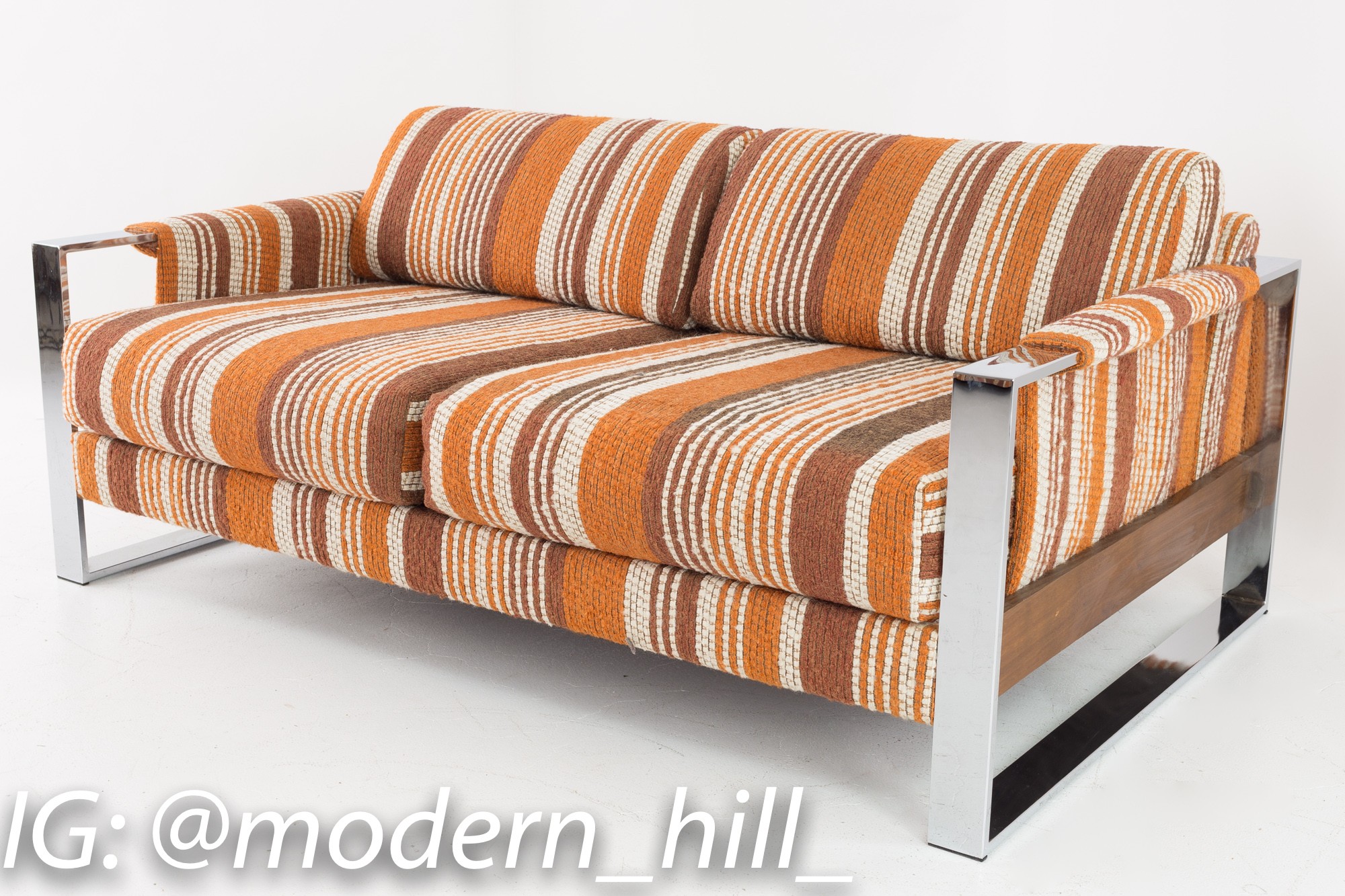 Adrian Pearsall for Craft Associates 70s Pattern Fabric Chrome and Wood Setee Loveseat