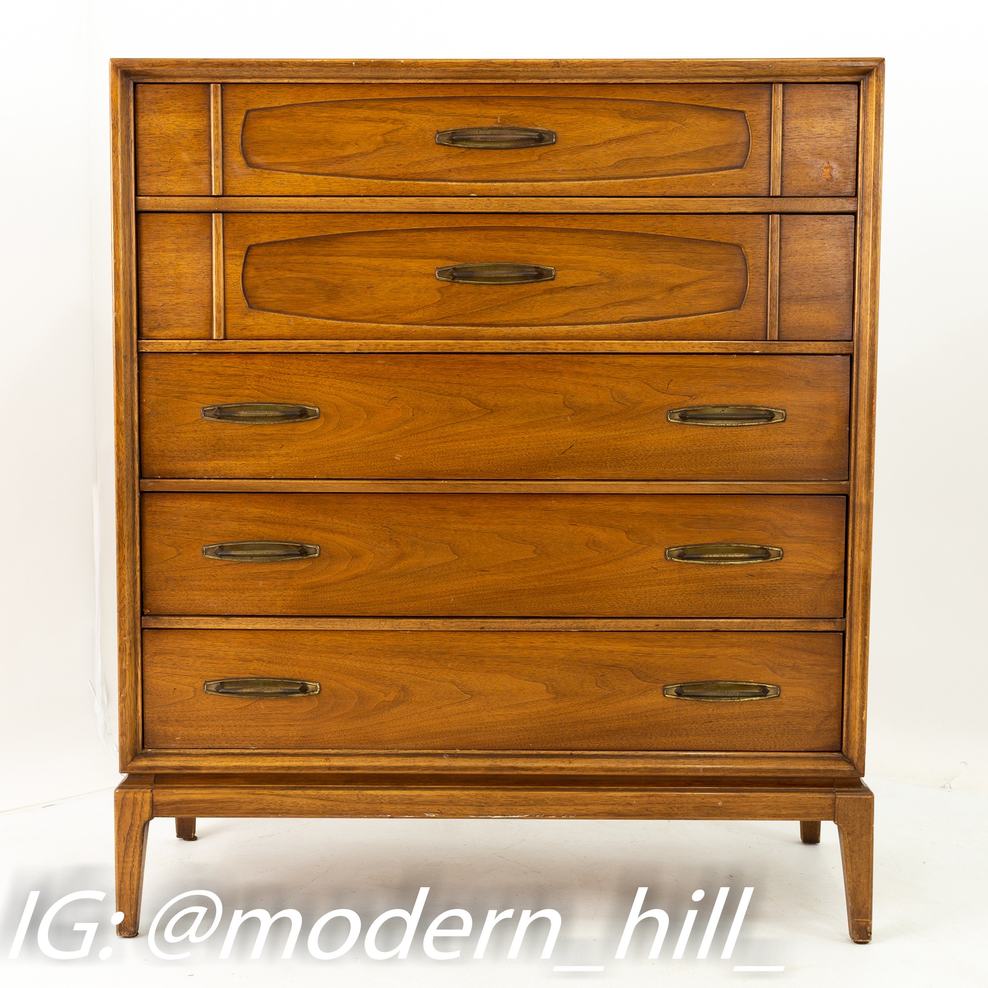 Broyhill Style Mid Century Walnut and Brass 5 Drawer Highboy