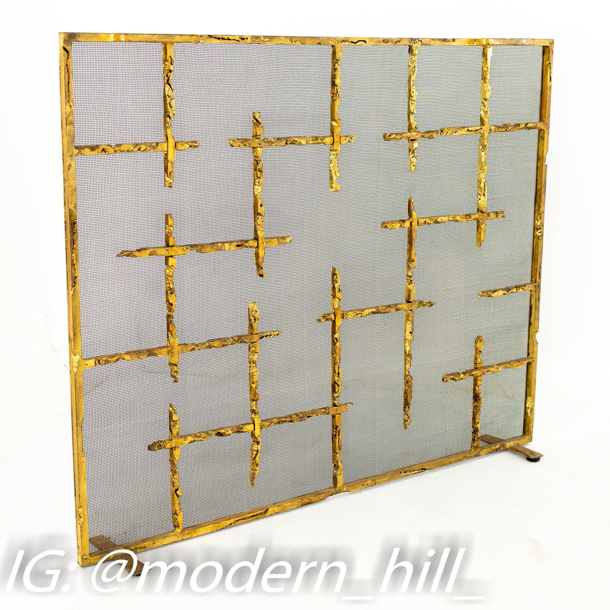 Brutalist Mid Century Wrought Iron and Brass Finish Fireplace Screen