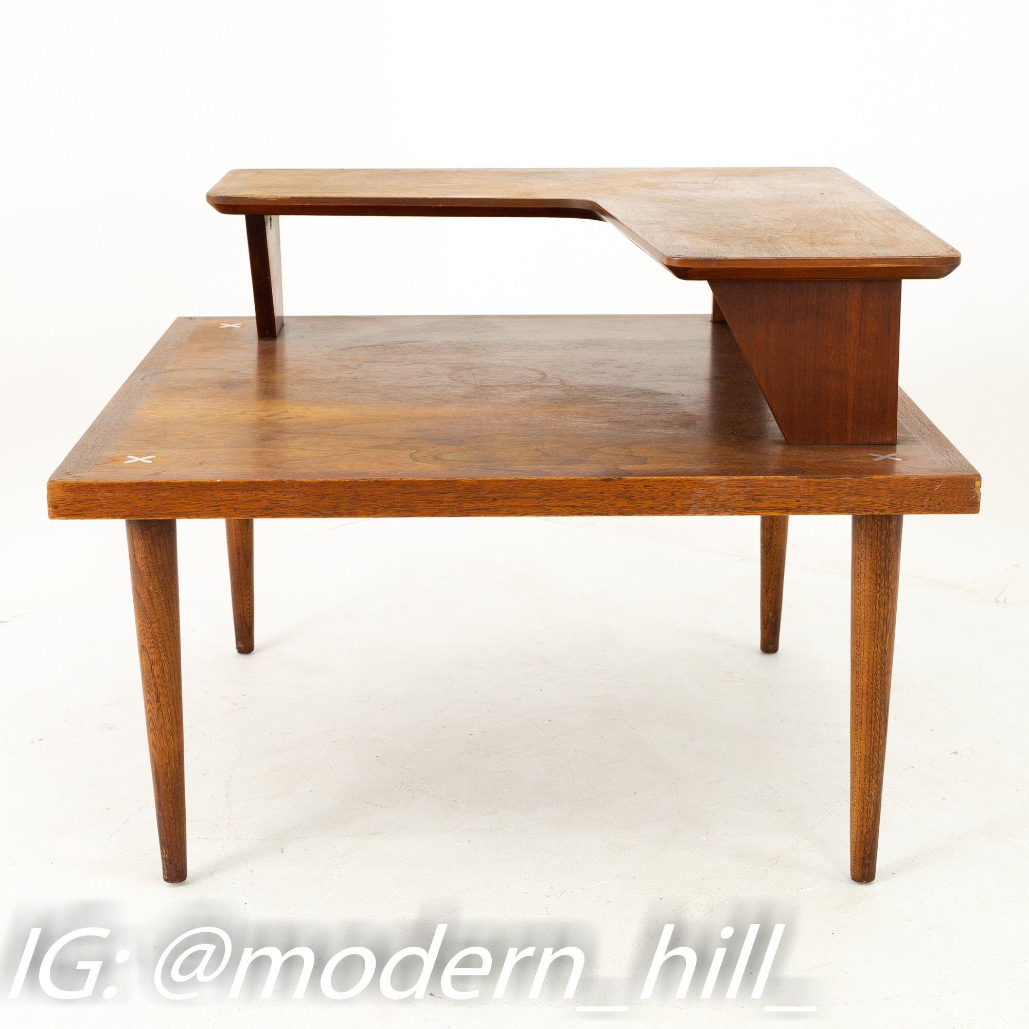 Merton Gershun for American of Martinsville Mid Century Walnut Two Tier Corner Side End Table with X Inlay
