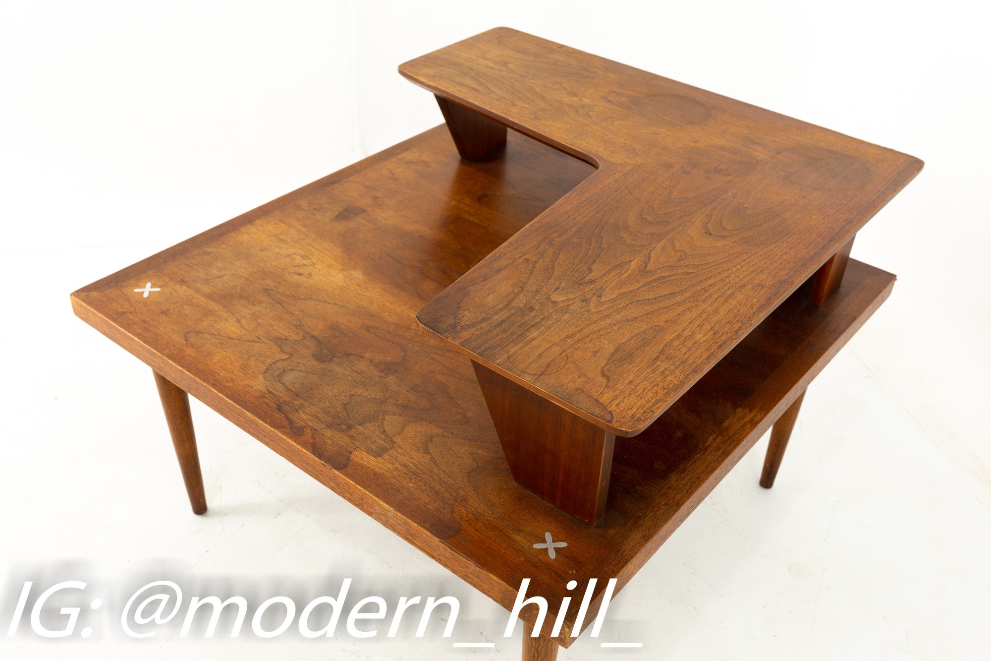 Merton Gershun for American of Martinsville Mid Century Walnut Two Tier Corner Side End Table with X Inlay
