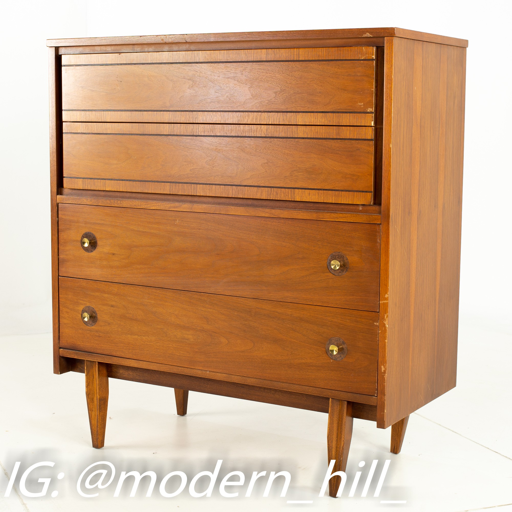 Mainline by Hooker Mid Century Walnut and Brass 4 Drawer Highboy Dresser