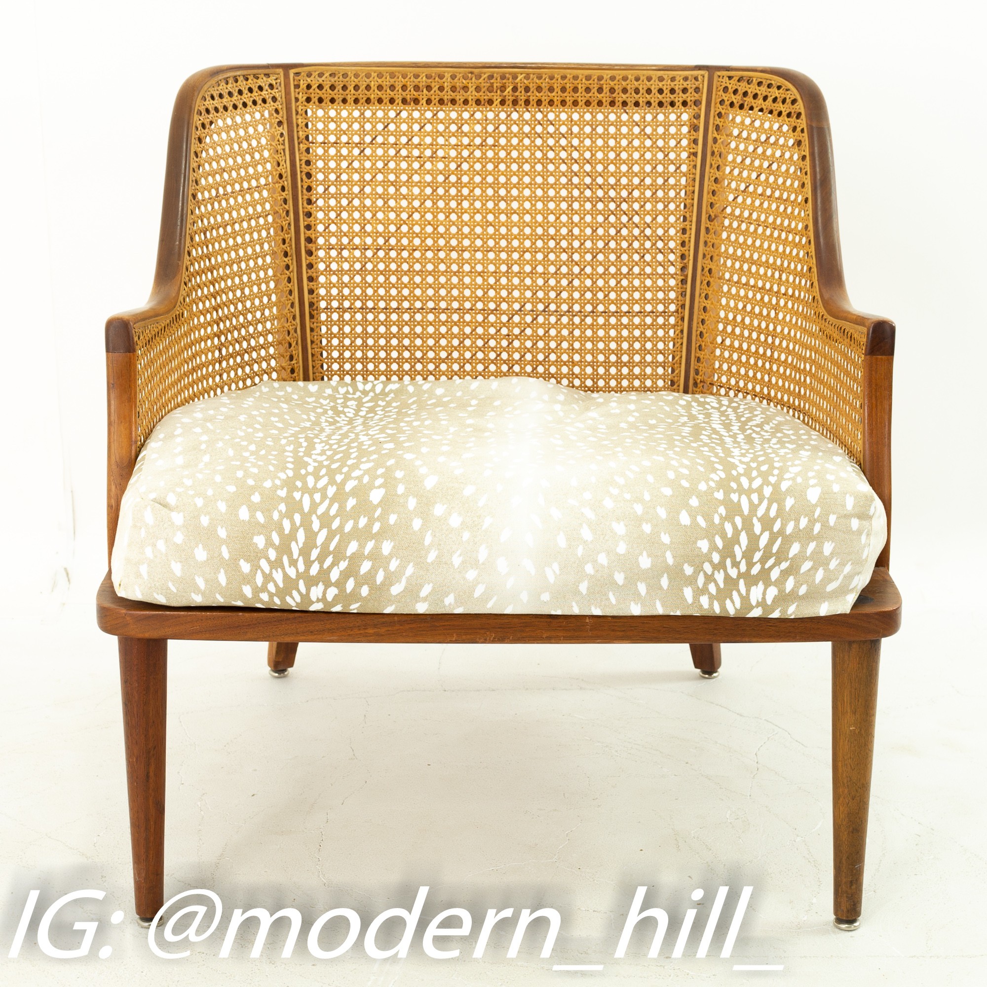 Mid Century Walnut and Cane Upholstered Lounge Chairs - Pair