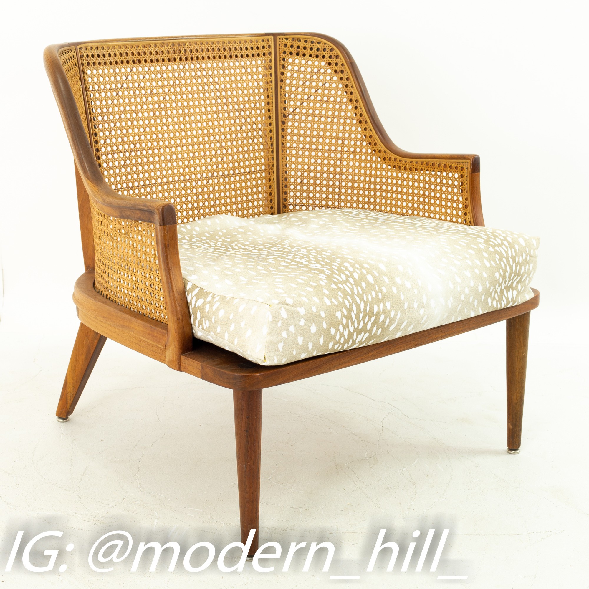 Mid Century Walnut and Cane Upholstered Lounge Chairs - Pair