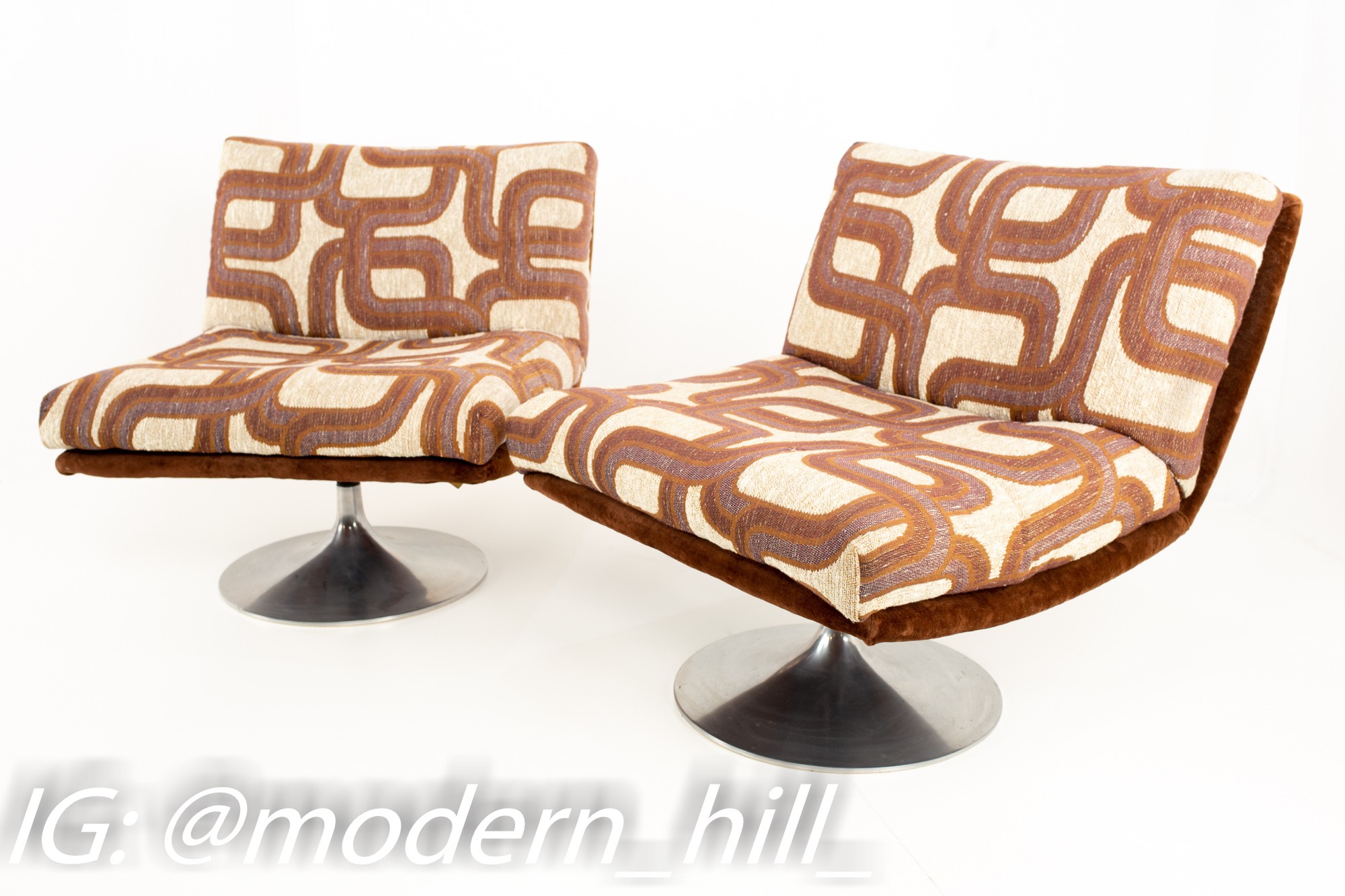Adrian Pearsall Mid Century Tulip Base Swivel Lounge Chair with Jack Lenor Larsen Style Fabric - Pair