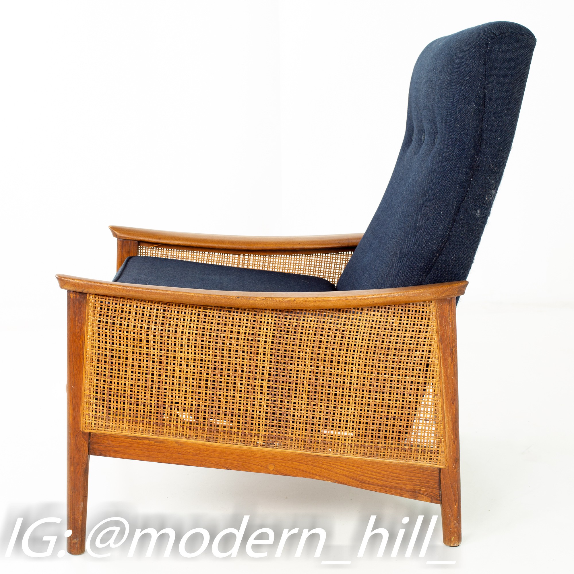 Milo Baughman Mid Century Walnut and Caned Reclining Lounge Chair