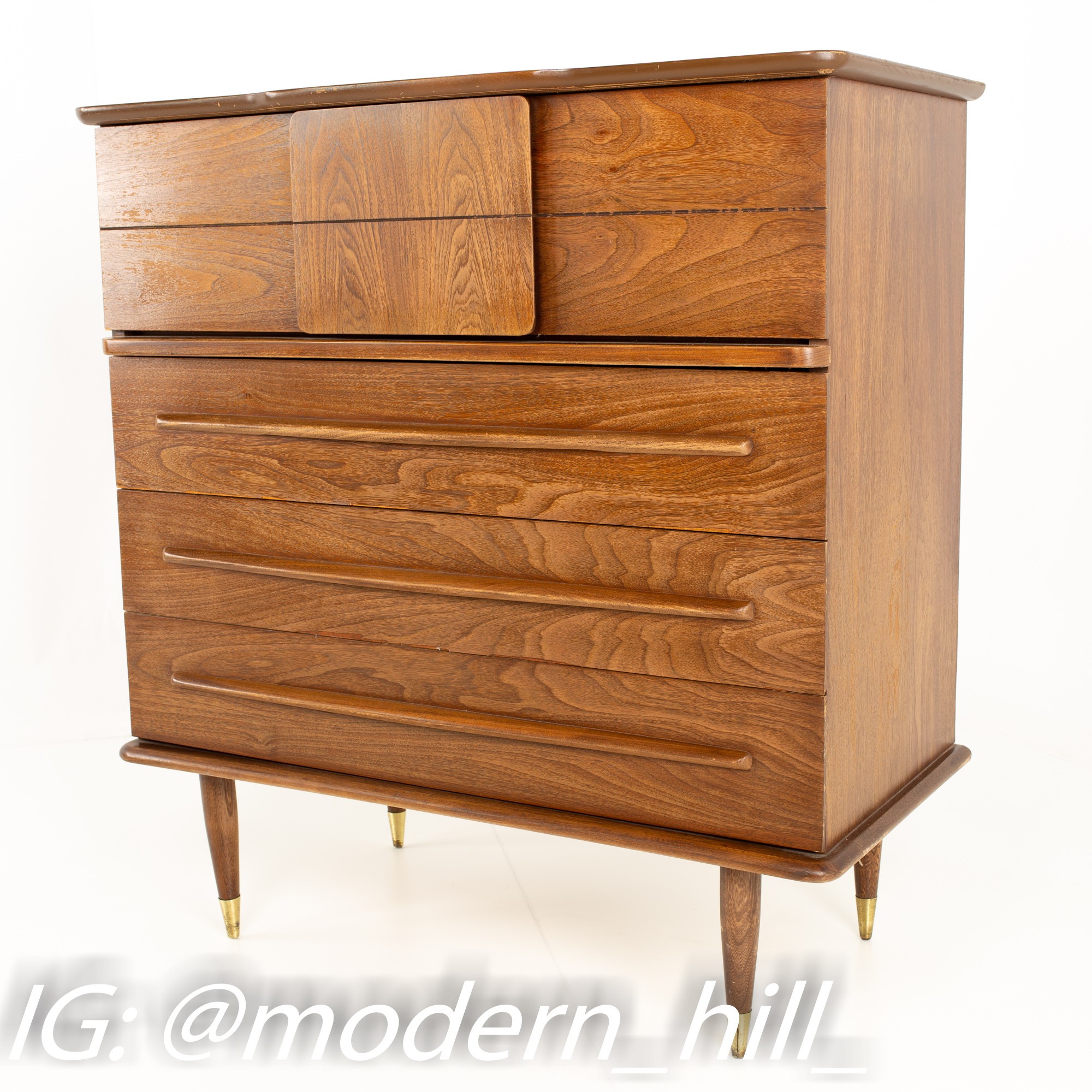 United Mid Century Walnut And Brass 4 Drawer Highboy Dresser