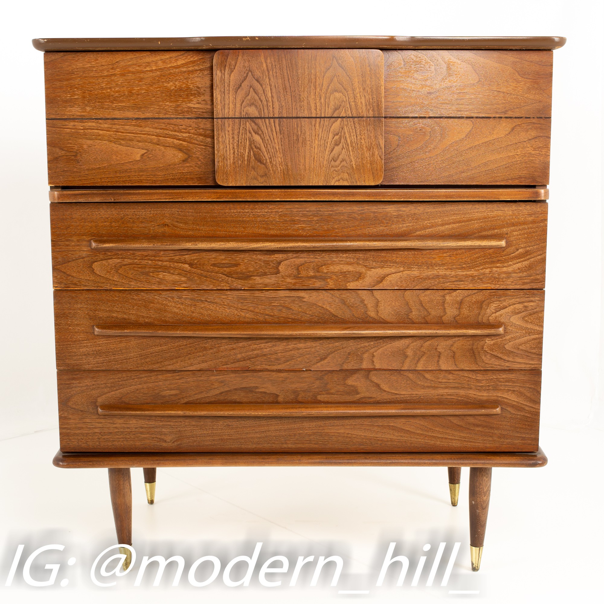 United Mid Century Walnut And Brass 4 Drawer Highboy Dresser