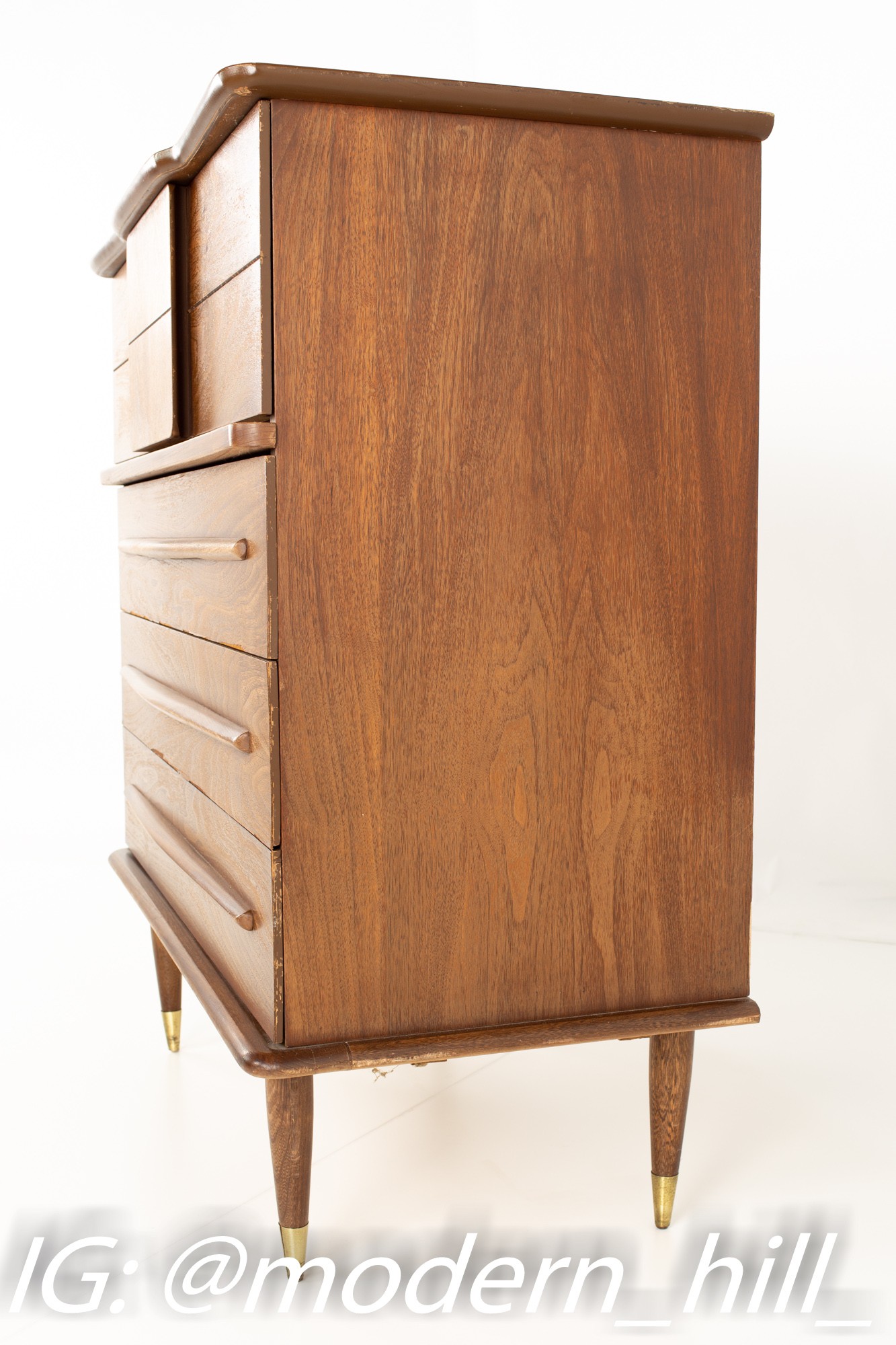 United Mid Century Walnut And Brass 4 Drawer Highboy Dresser
