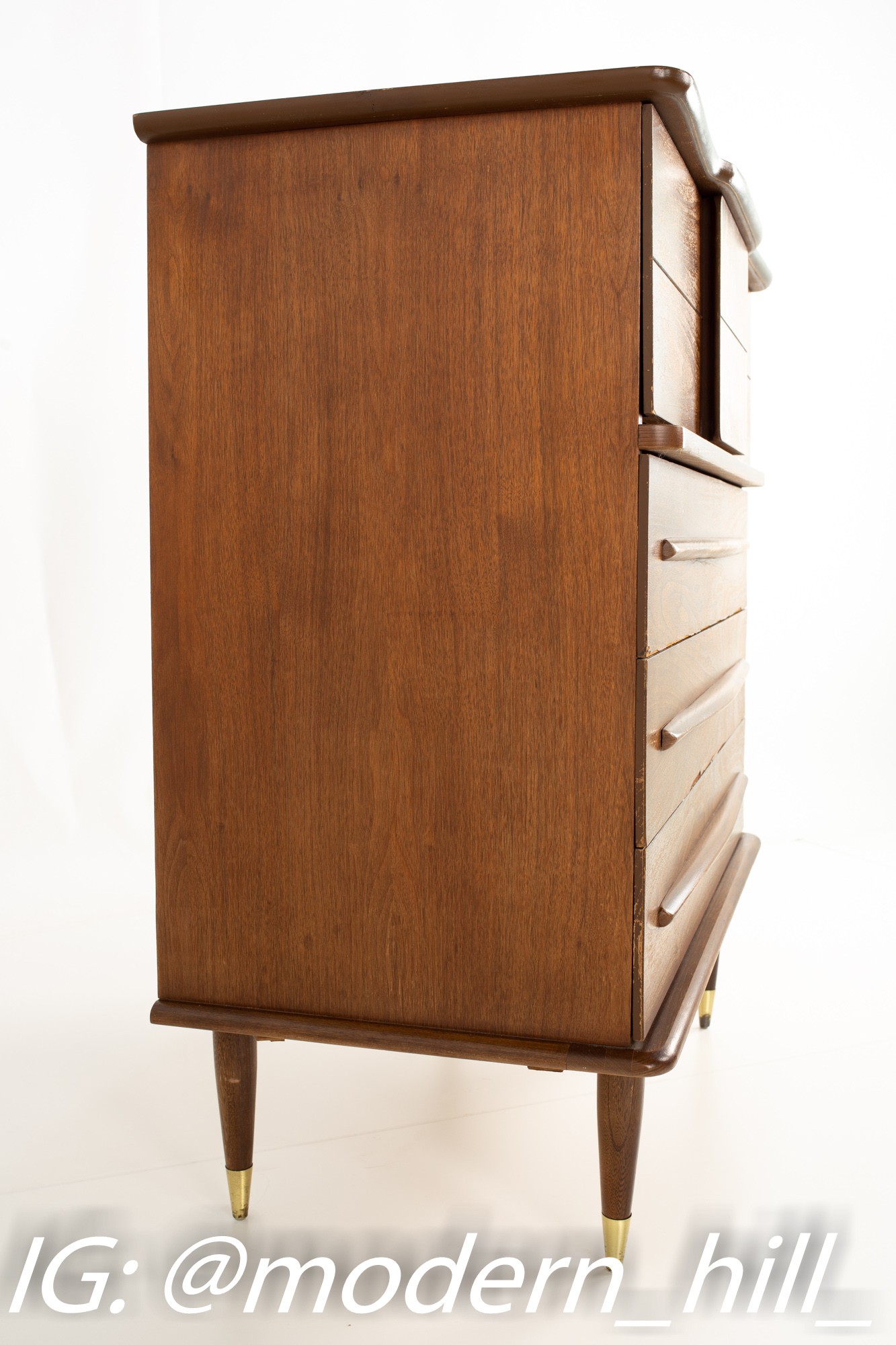 United Mid Century Walnut And Brass 4 Drawer Highboy Dresser