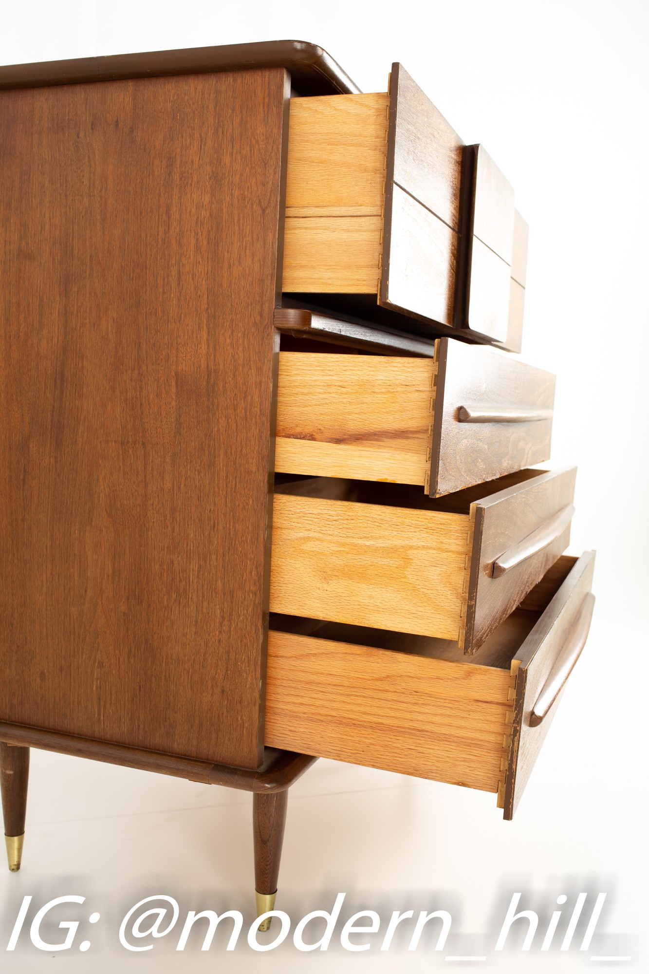 United Mid Century Walnut And Brass 4 Drawer Highboy Dresser