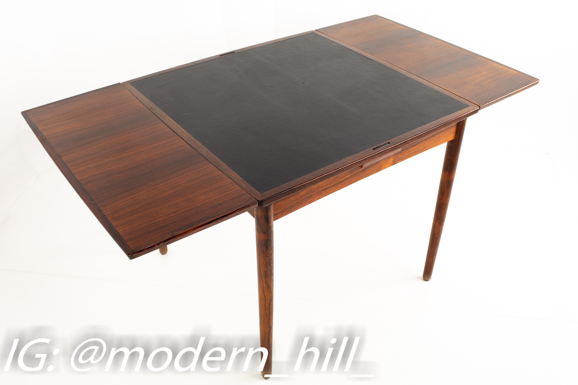 Poul Hundevad Mid Century Rosewood and Leather Reversible Hidden Leaf Dining Card Table
