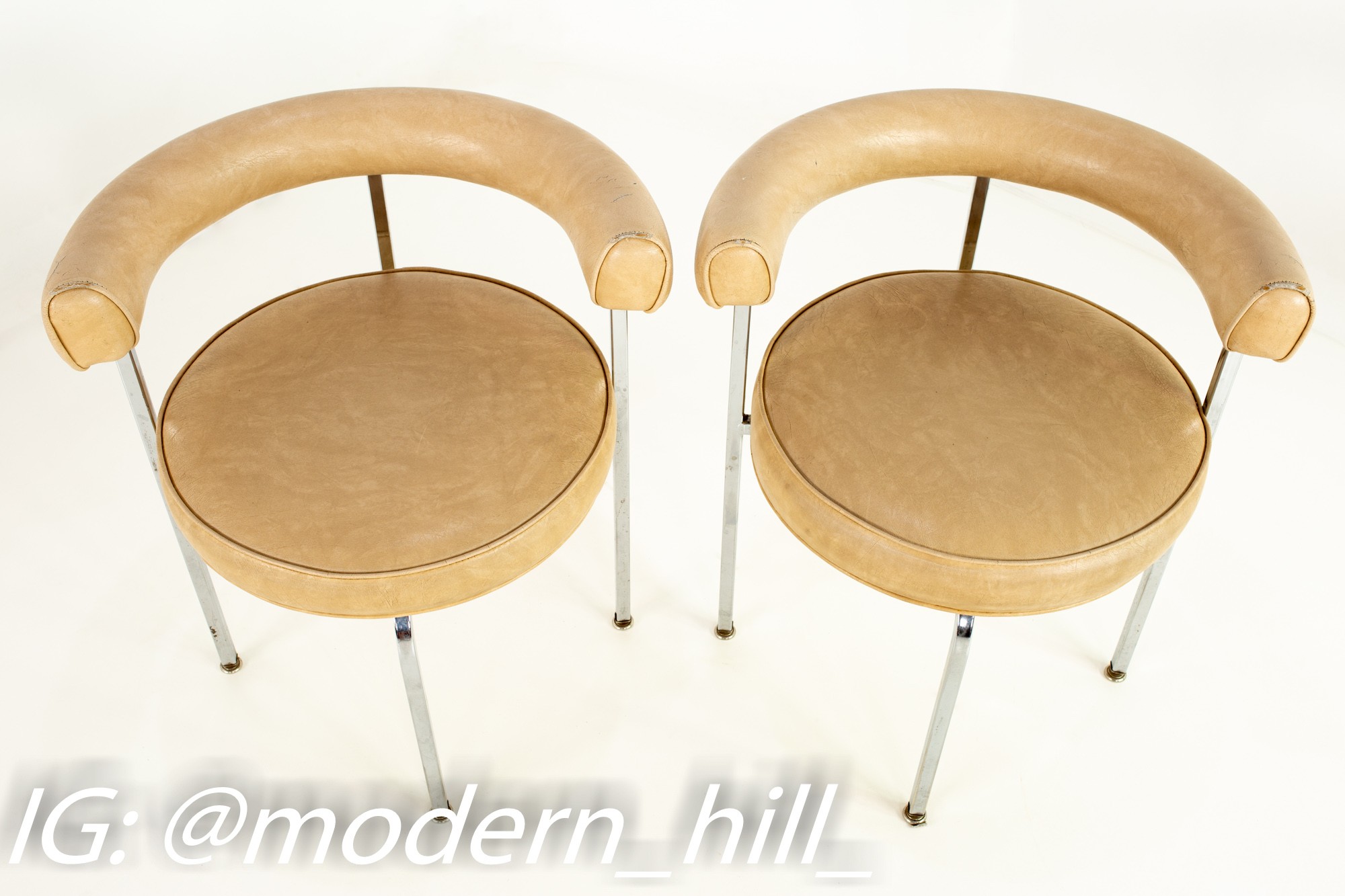 French Style Chrome and Vinyl Barrel Dining Chairs - Pair