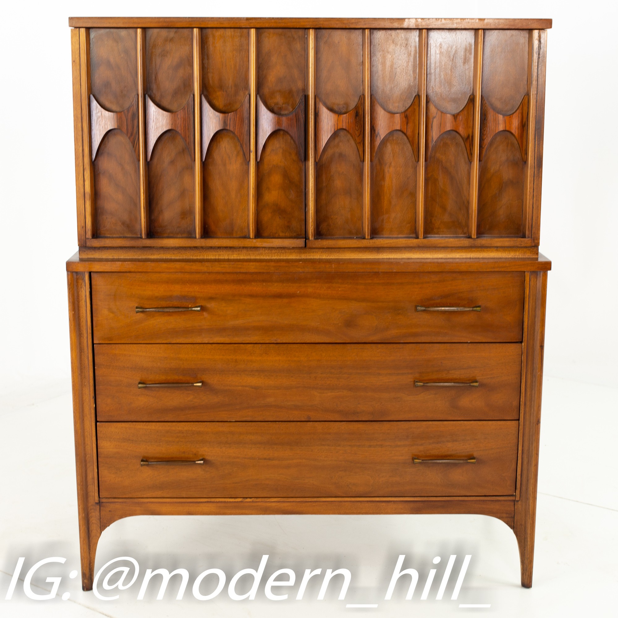 Restored Kent Coffey Perspecta Mid Century Walnut and Rosewood Armoire Gentleman's Chest Highboy Dresser