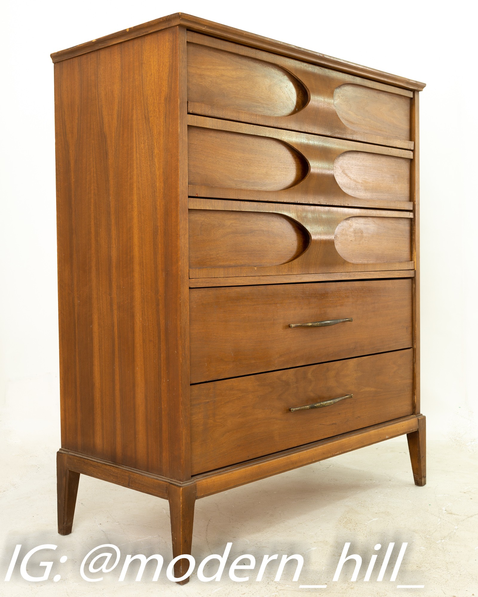 Kent Coffey Perspecta Style Mid Century Walnut 5 Drawer Highboy Dresser