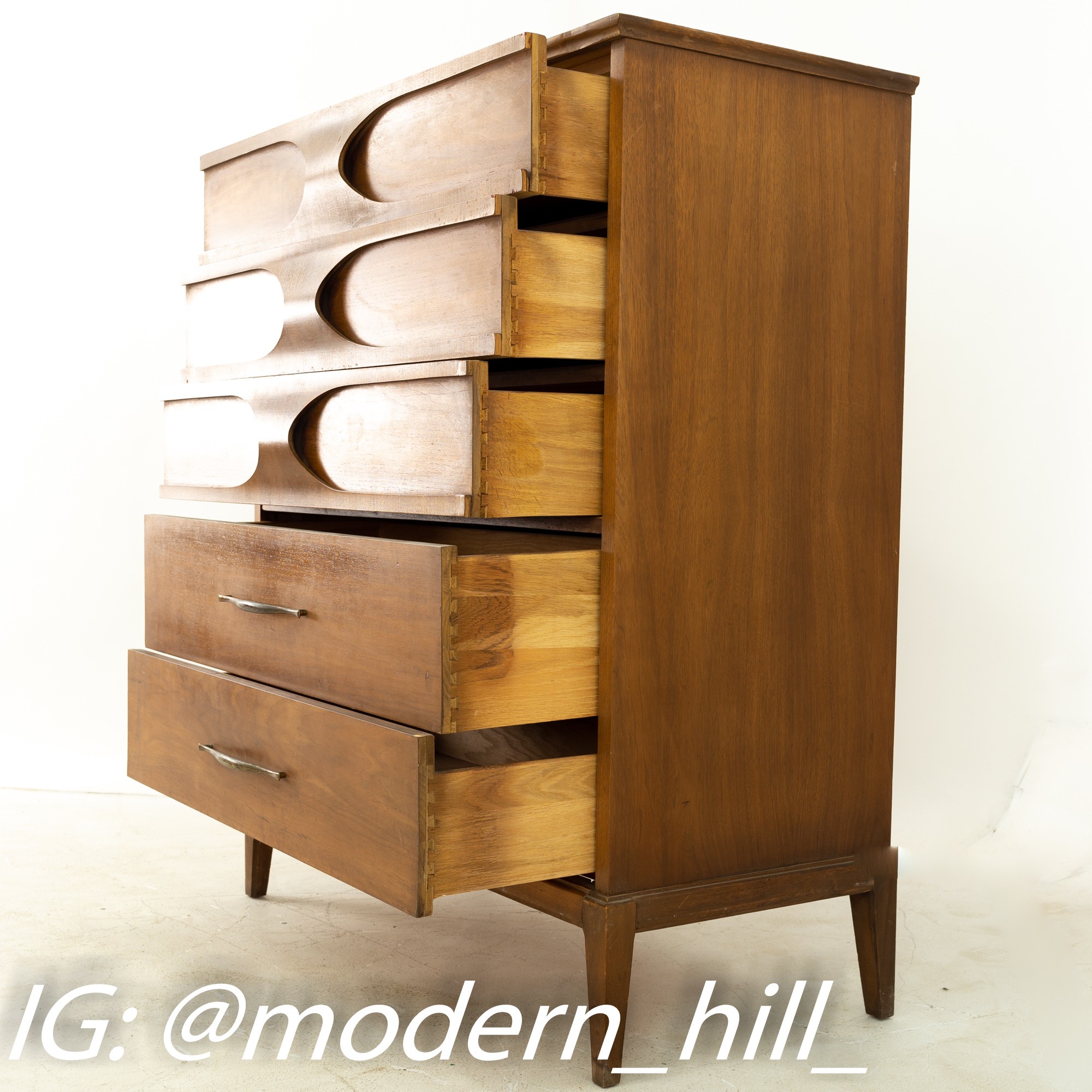Kent Coffey Perspecta Style Mid Century Walnut 5 Drawer Highboy Dresser