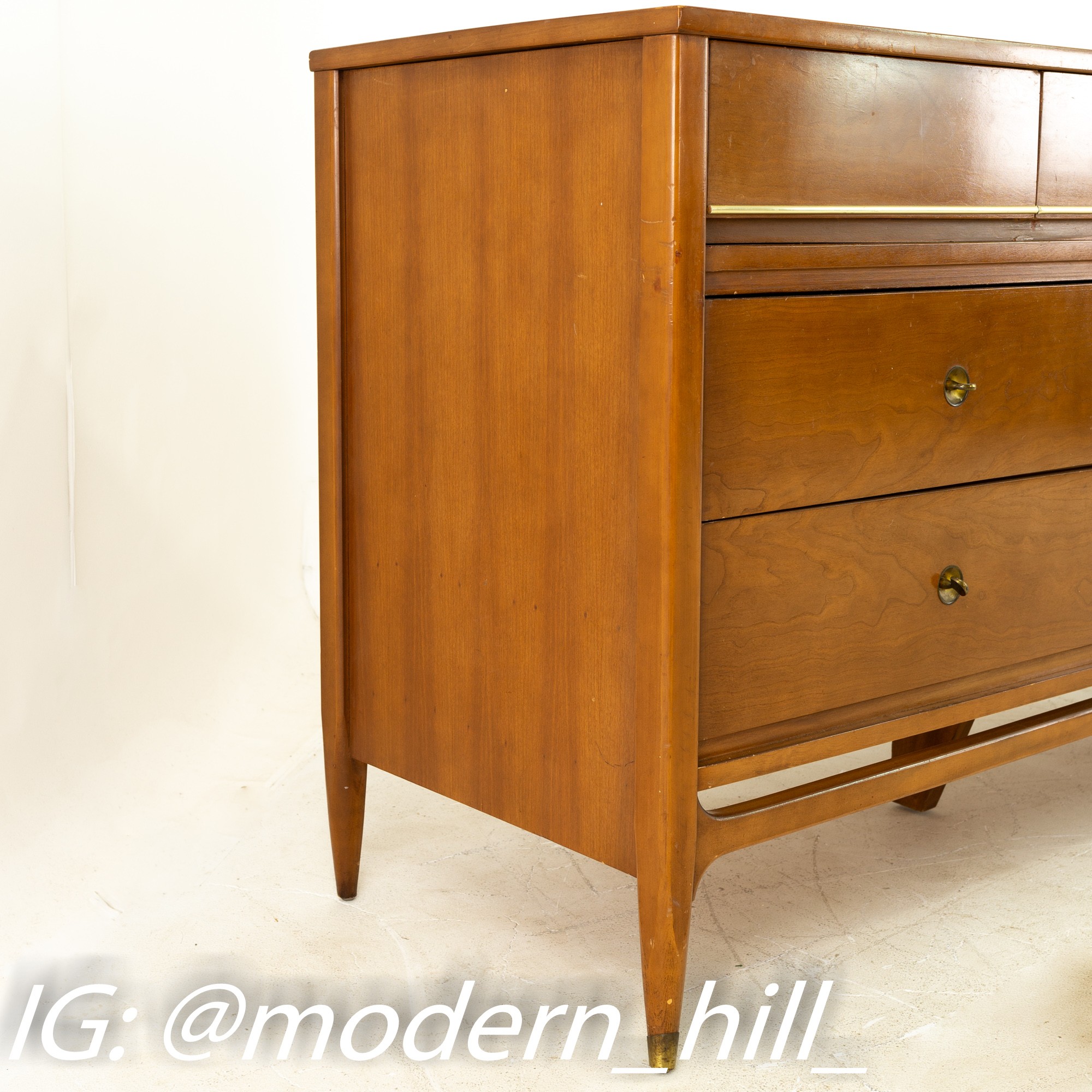 Mainline by Hooker Mid Century Walnut and Brass 7 Drawer Lowboy Dresser