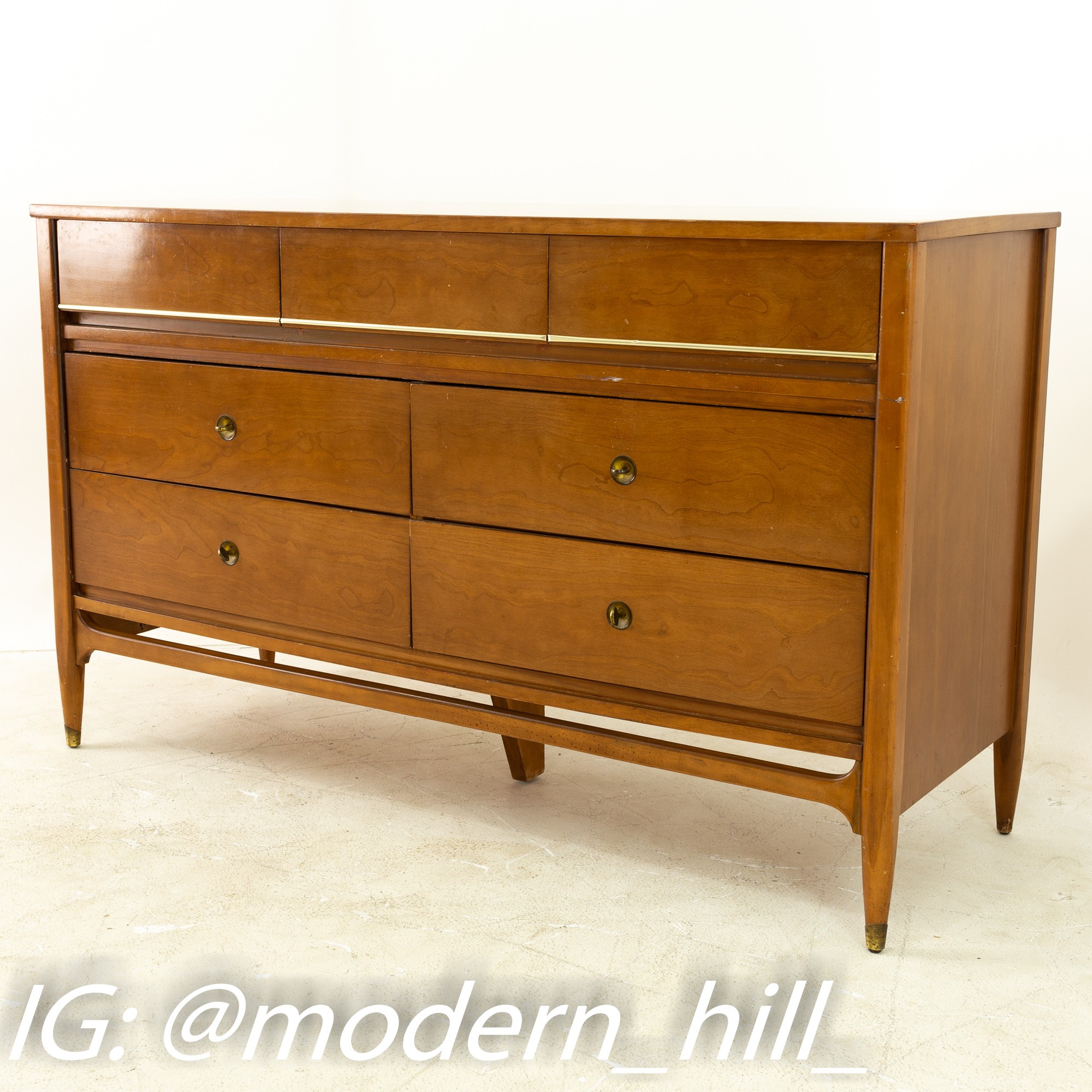 Mainline by Hooker Mid Century Walnut and Brass 7 Drawer Lowboy Dresser