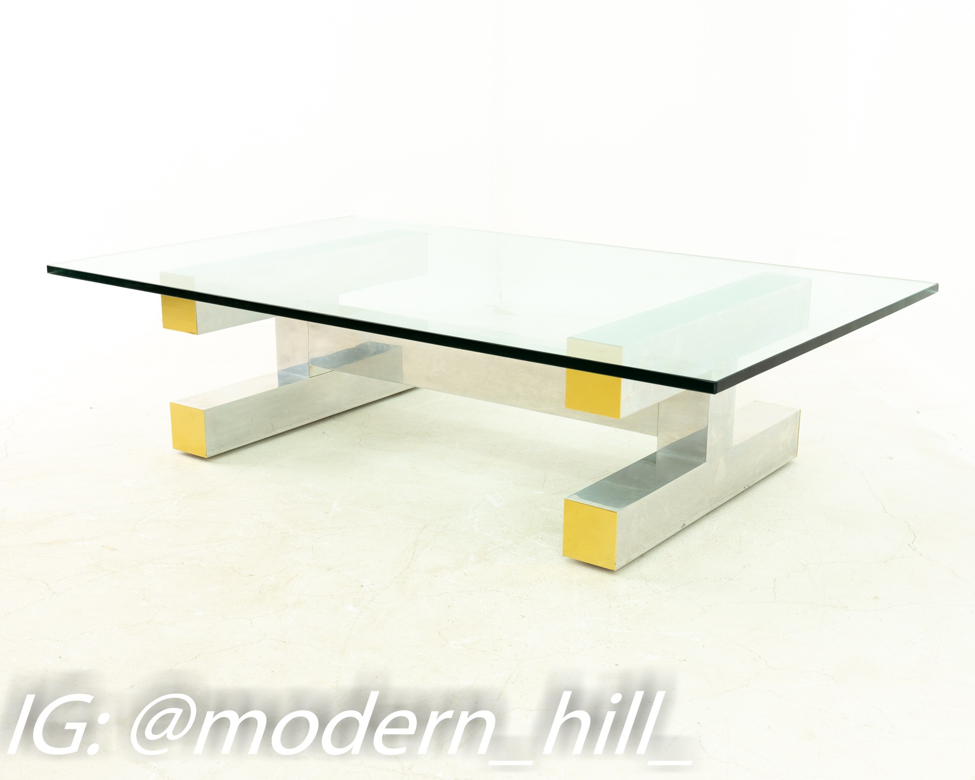 Paul Evans Style Cityscape Brass and Polished Aluminum Glass Coffee Table