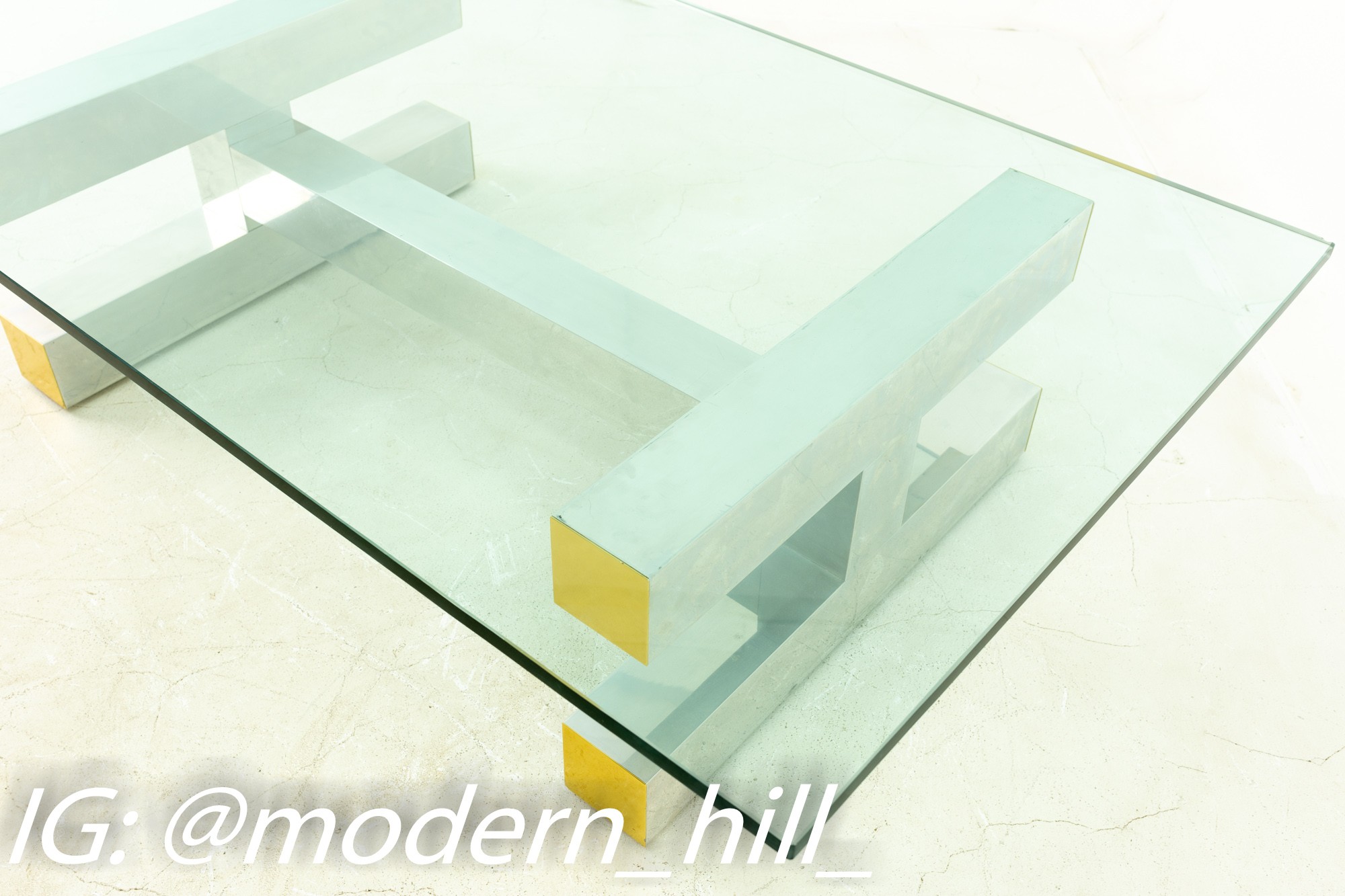 Paul Evans Style Cityscape Brass and Polished Aluminum Glass Coffee Table