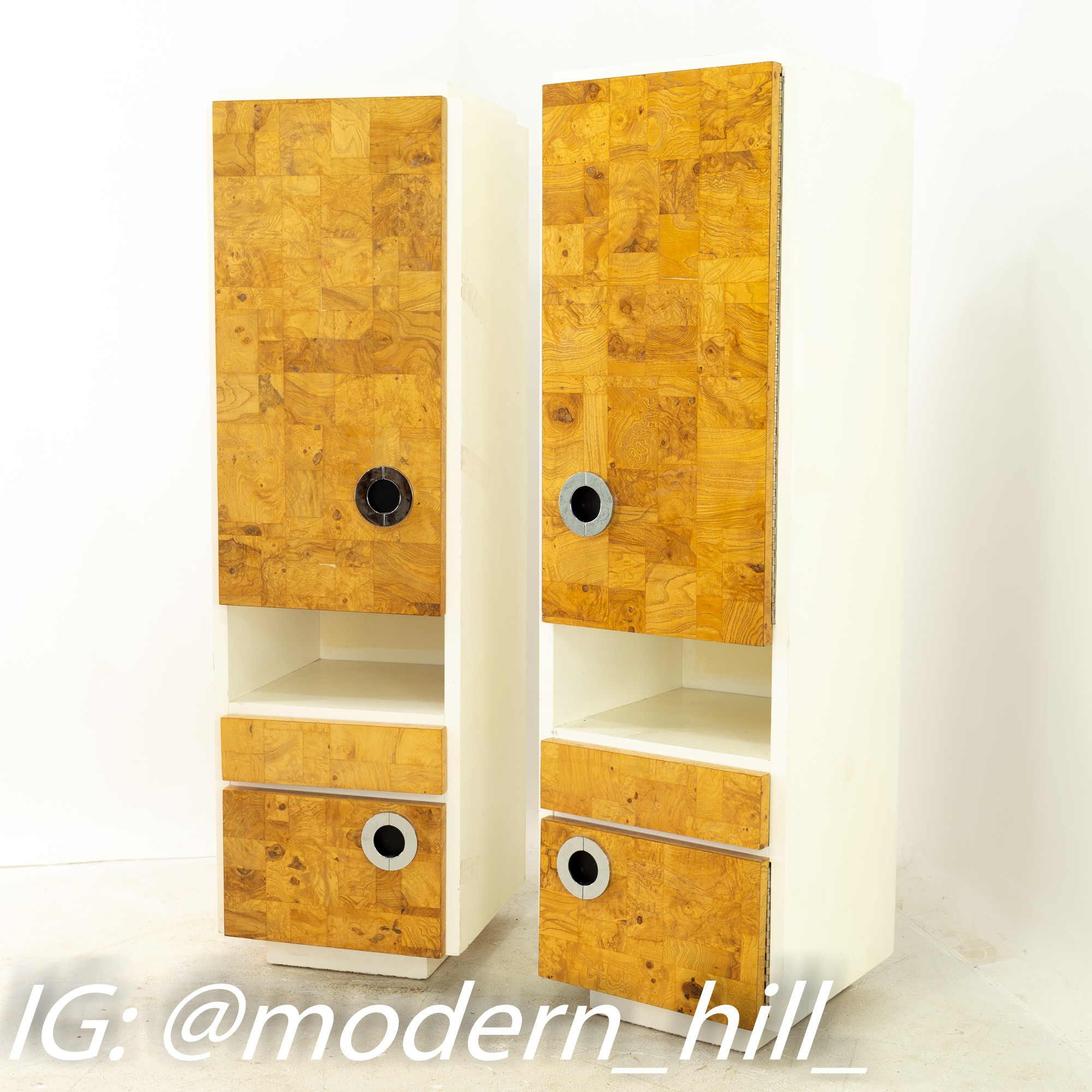Milo Baughman for Lane Mid Century Laminate Burlwood and Chrome Wall Units - Pair