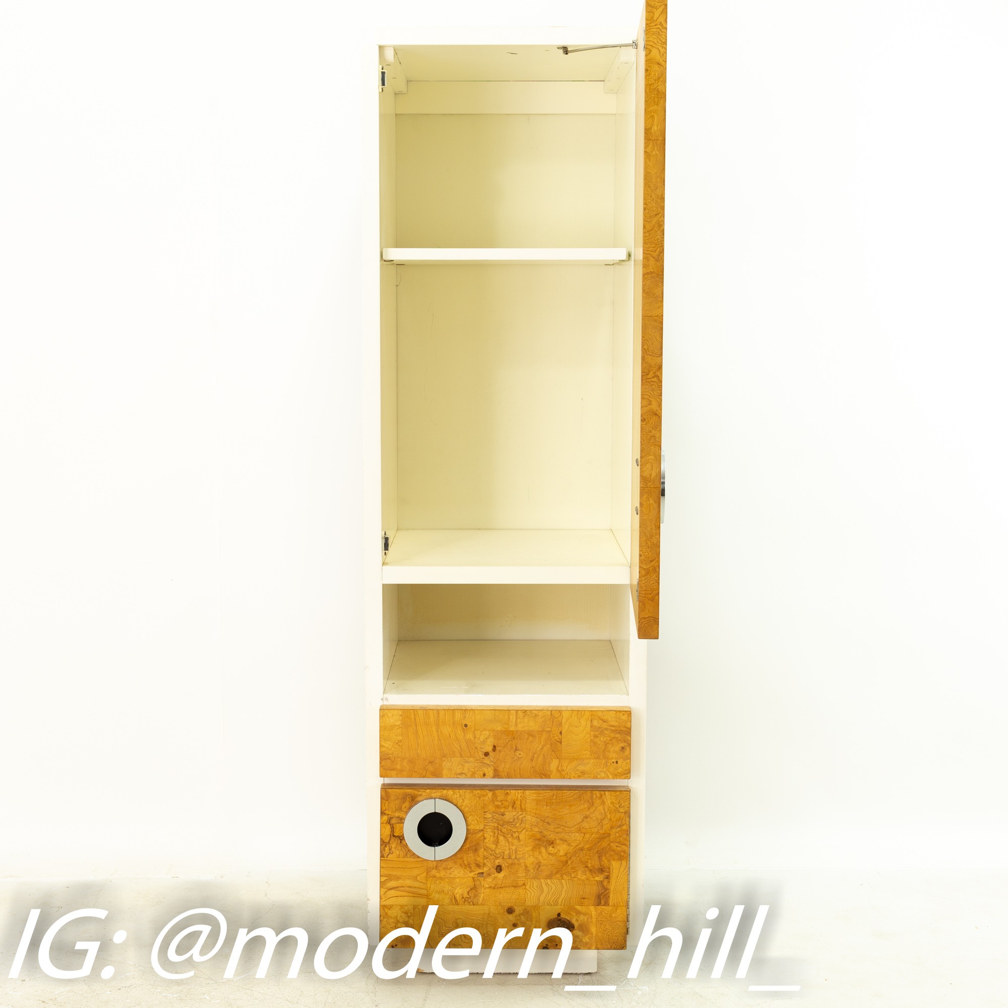 Milo Baughman for Lane Mid Century Laminate Burlwood and Chrome Wall Units - Pair
