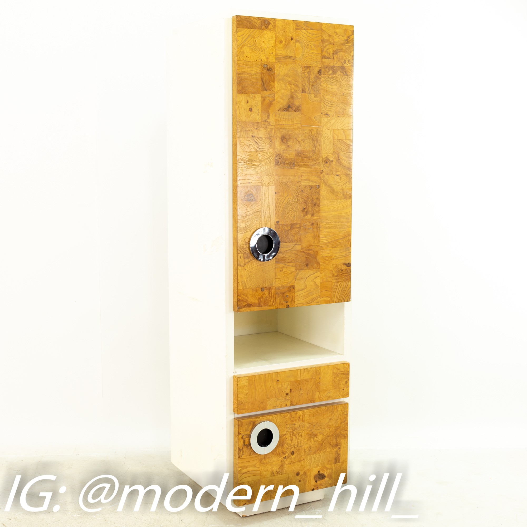 Milo Baughman for Lane Mid Century Laminate Burlwood and Chrome Wall Units - Pair