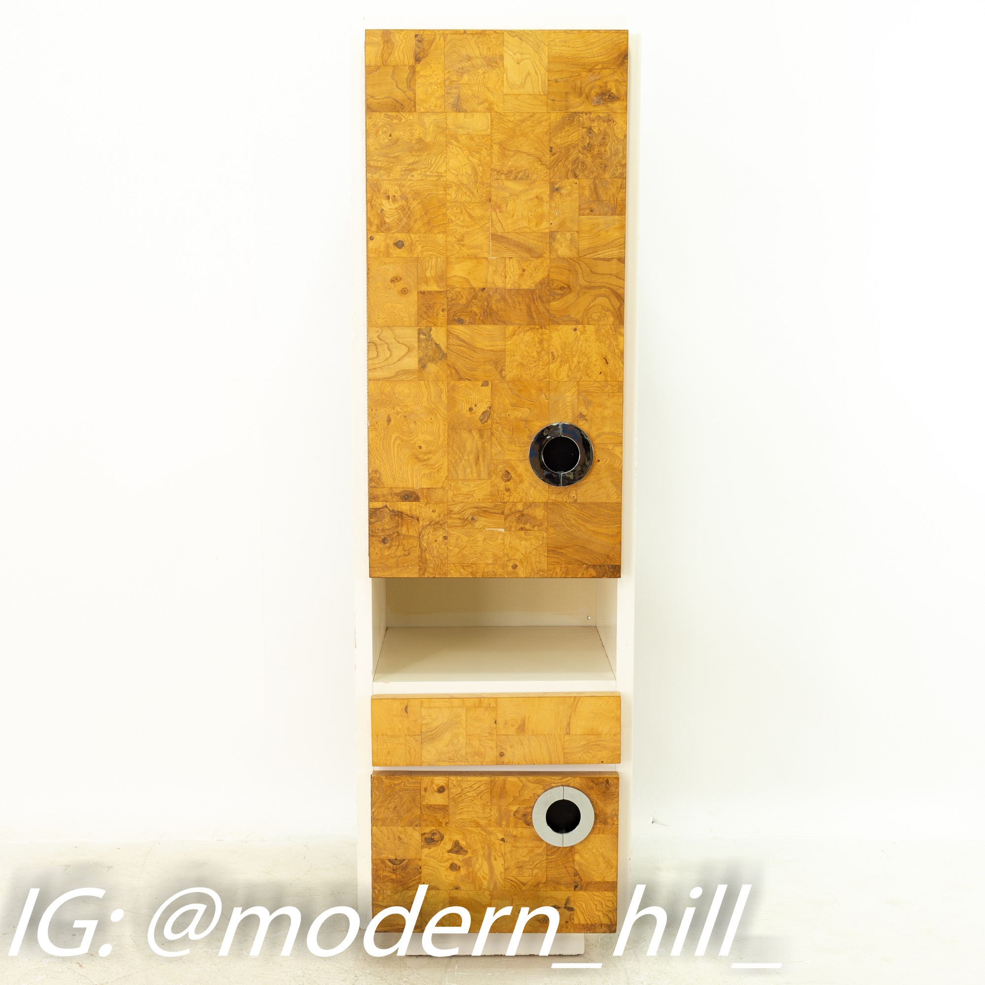 Milo Baughman for Lane Mid Century Laminate Burlwood and Chrome Wall Units - Pair