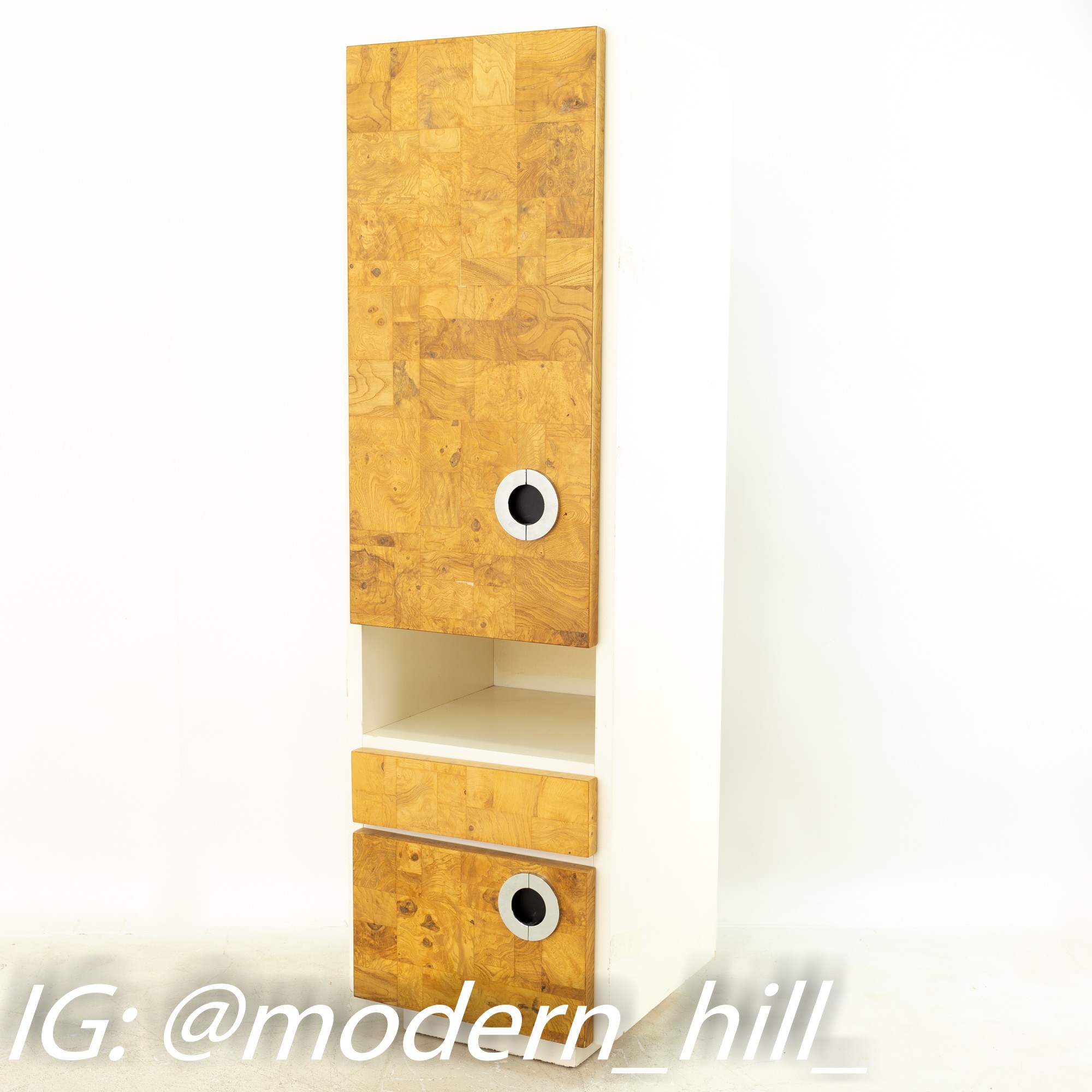 Milo Baughman for Lane Mid Century Laminate Burlwood and Chrome Wall Units - Pair