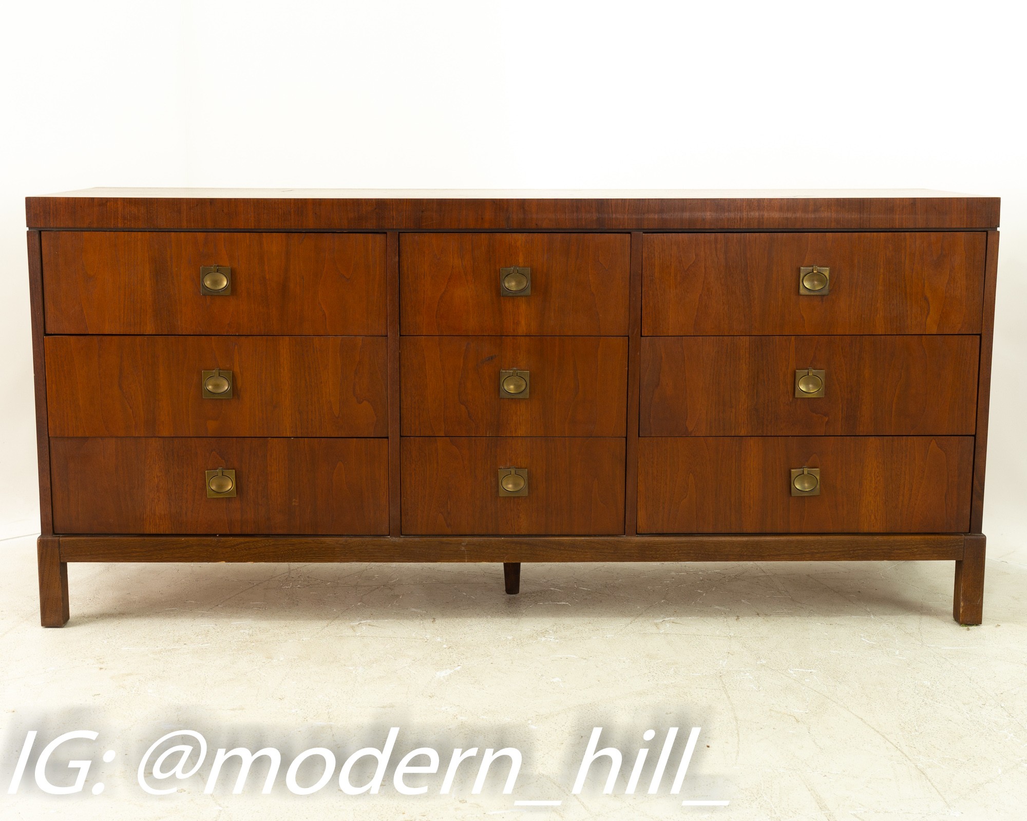 Lane Mid Century Walnut and Brass 9 Drawer Lowboy Dresser