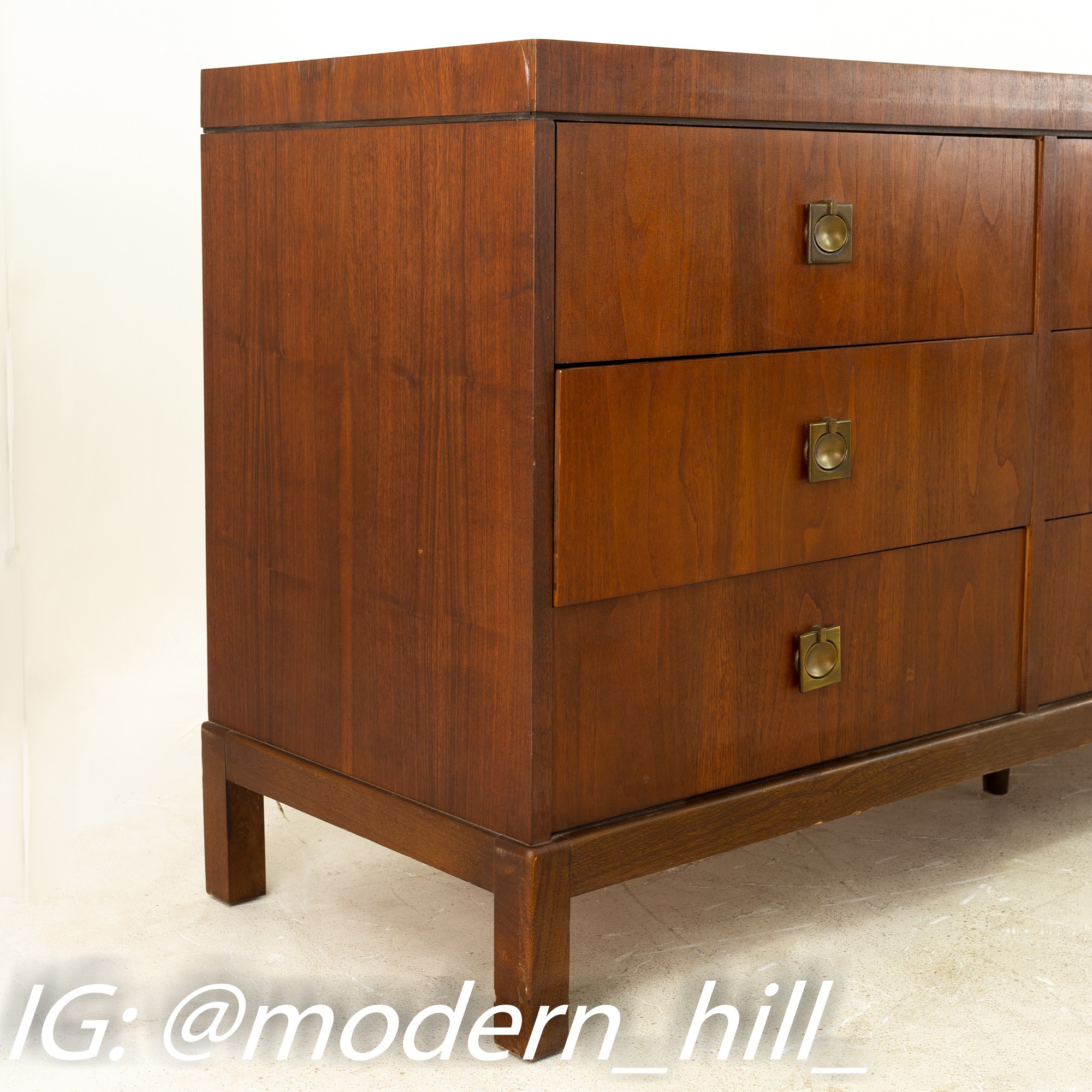 Lane Mid Century Walnut and Brass 9 Drawer Lowboy Dresser