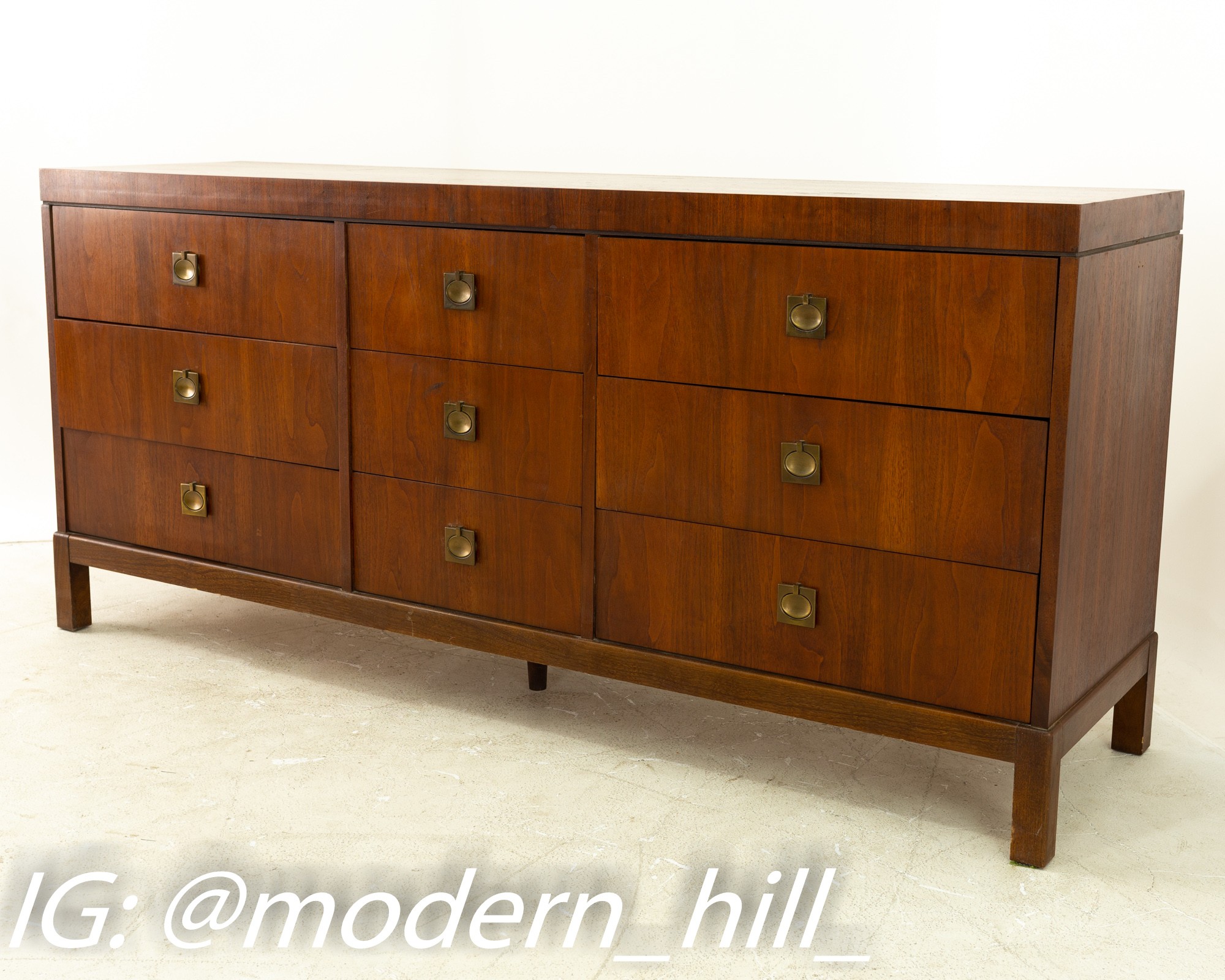 Lane Mid Century Walnut and Brass 9 Drawer Lowboy Dresser
