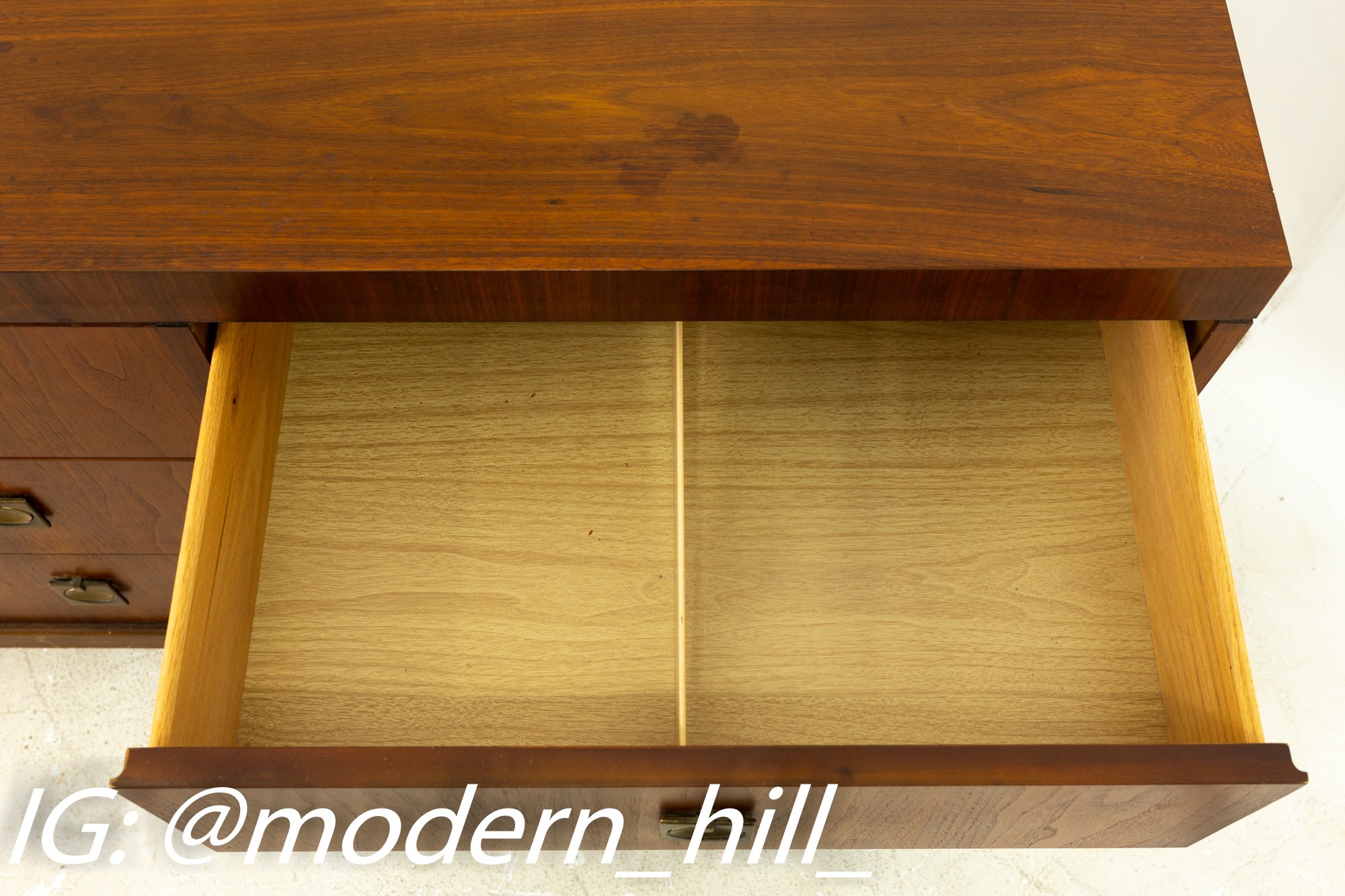 Lane Mid Century Walnut and Brass 9 Drawer Lowboy Dresser