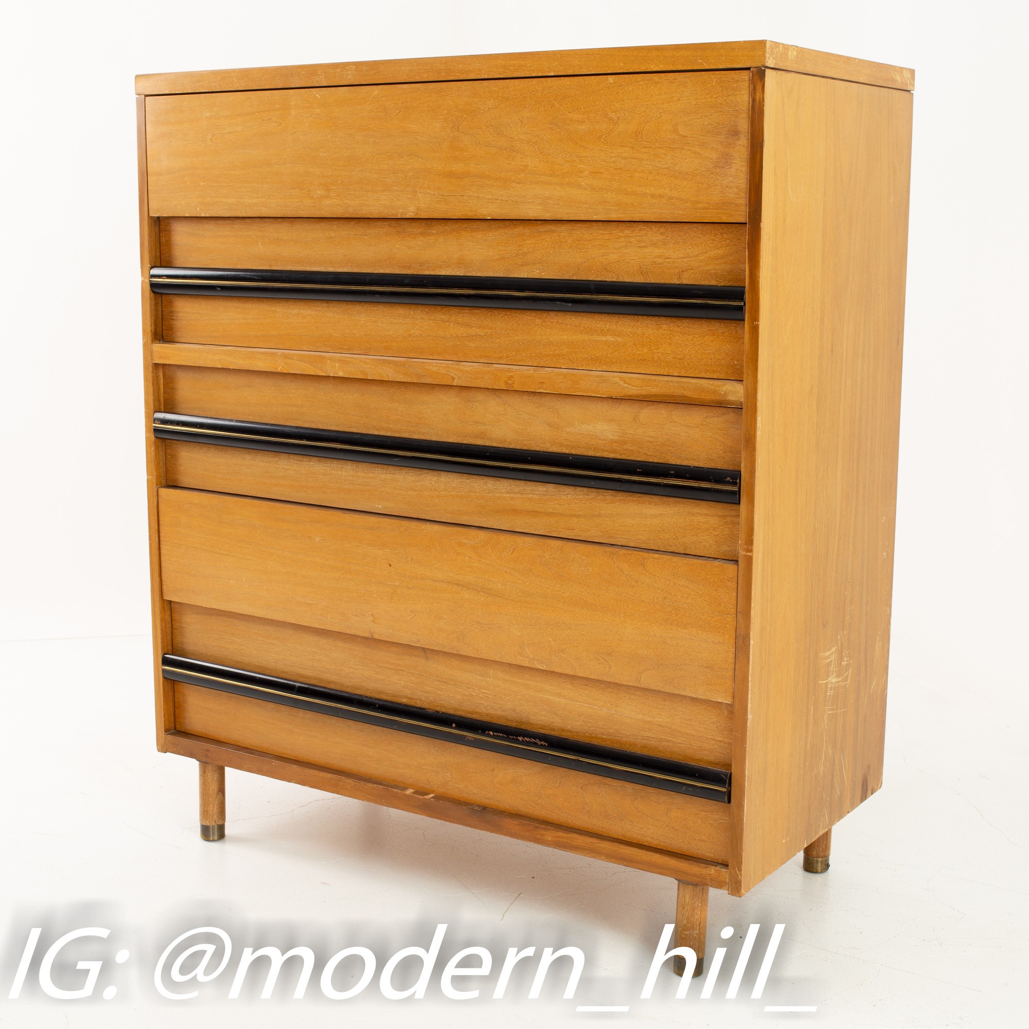 Milo Baughman Style West Michigan Furniture Company Mid Century Blonde 5 Drawer Vanity Highboy Dresser