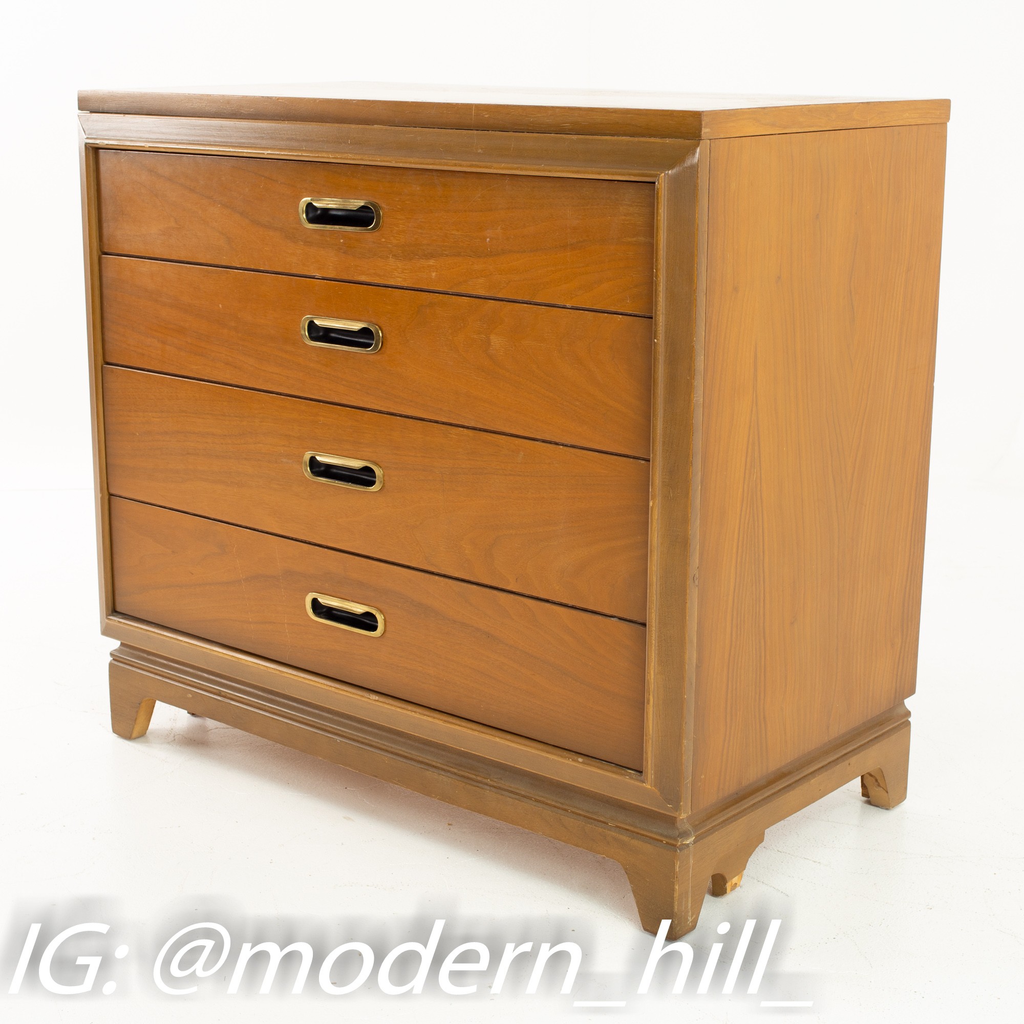 United Mid Century Walnut and Brass 4 Drawer Dresser Chests - Pair