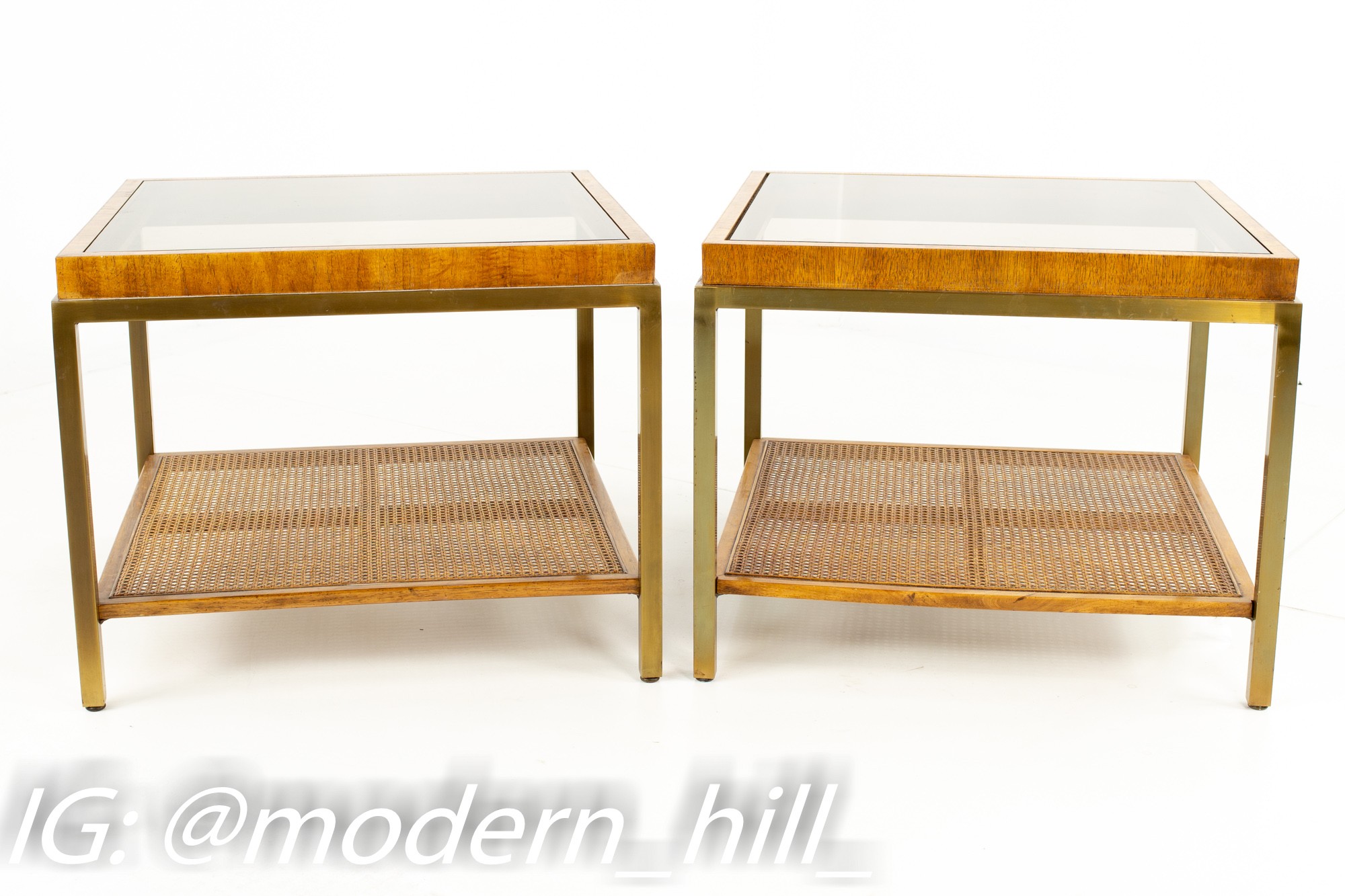 Milo Baughman Style Mid Century Burlwood Brass and Cane Side End Tables