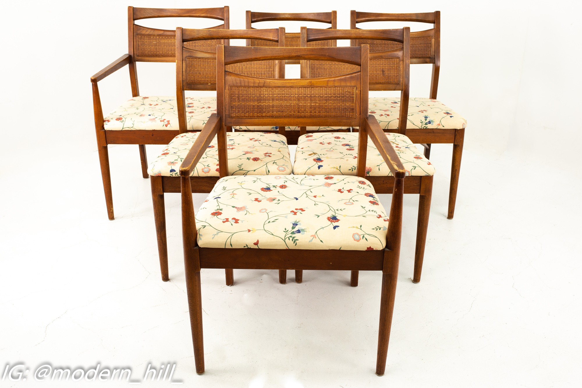 Jens Risom Style Mid Century Walnut and Cane Dining Chairs - Set of 6