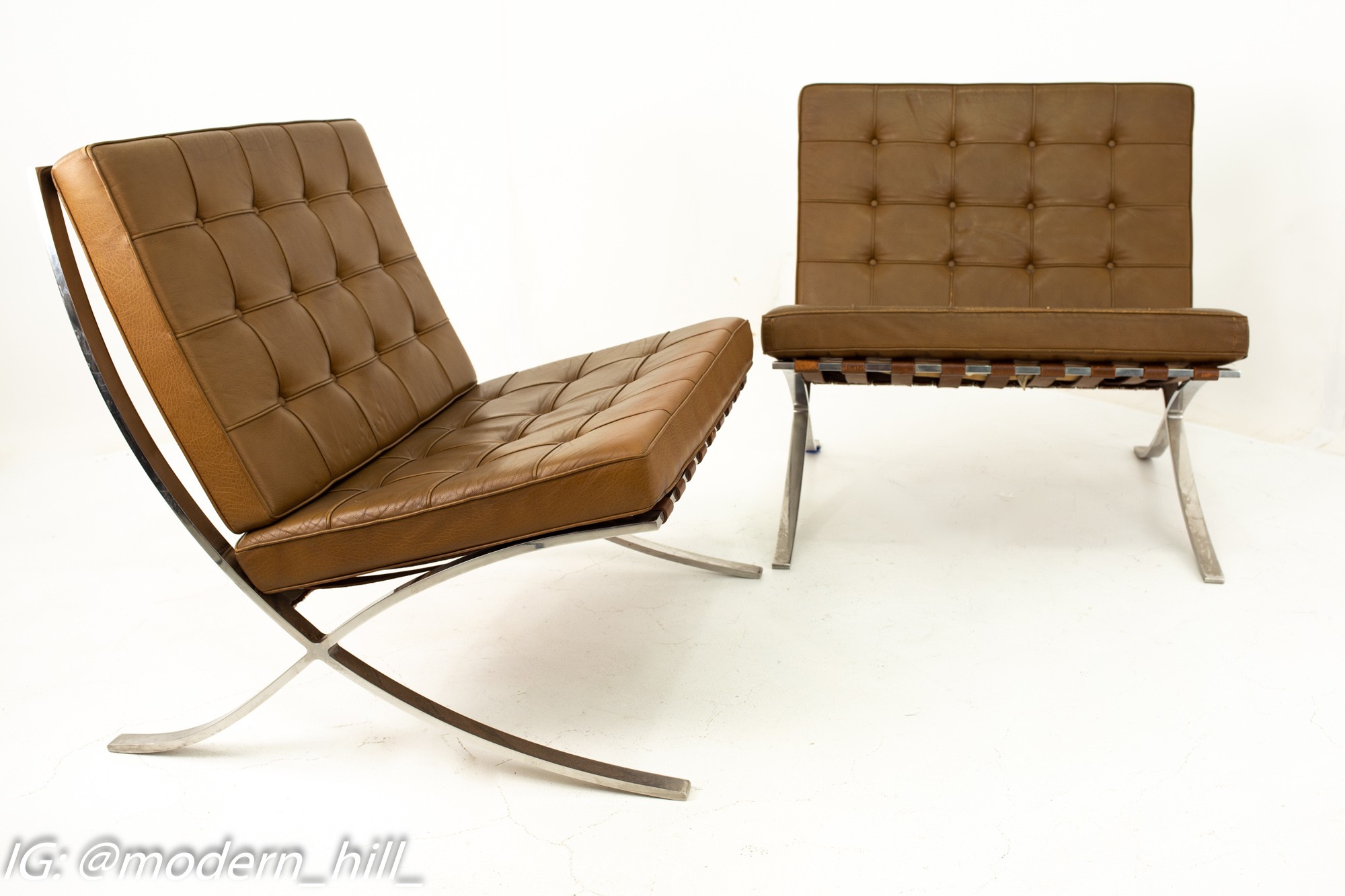 Mies Van Der Rohe for Knoll Mid Century Barcelona Chairs with Stainless Steel Frame and Brown Leather