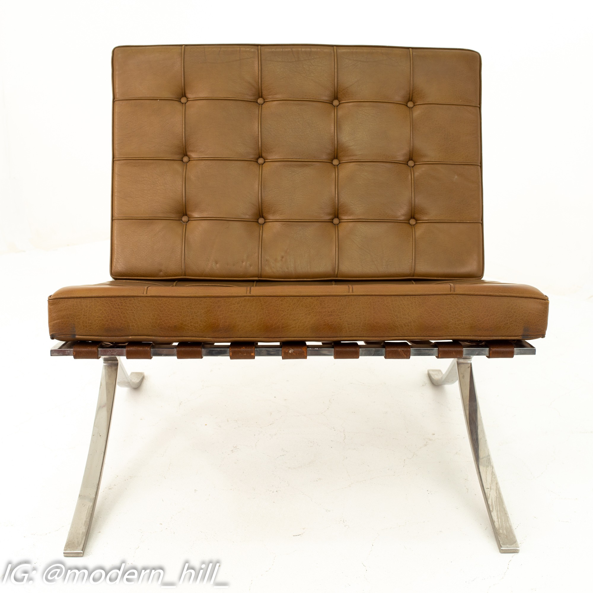 Mies Van Der Rohe for Knoll Mid Century Barcelona Chairs with Stainless Steel Frame and Brown Leather