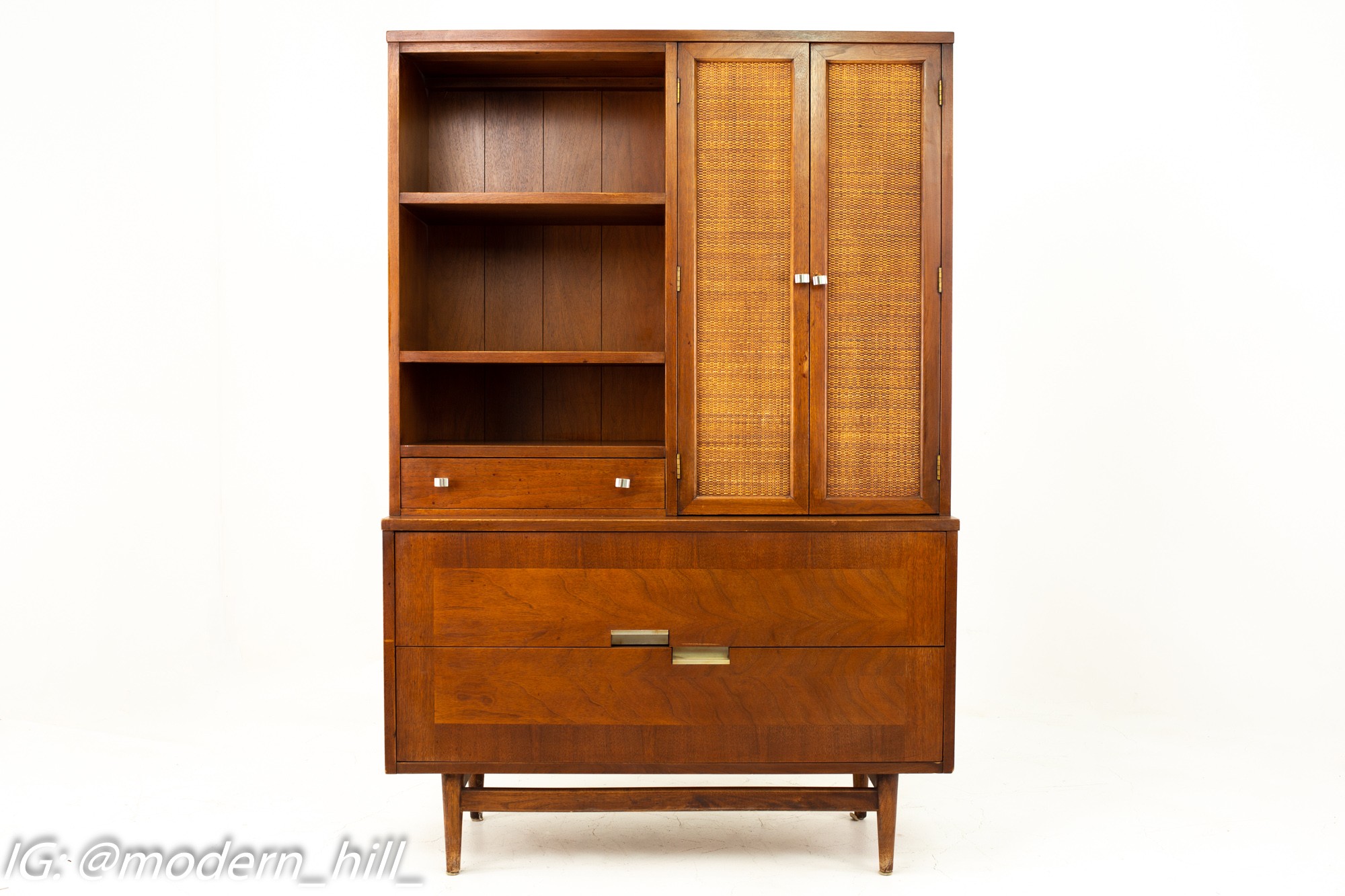 Merton Gershun for American of Martinsville Mid Century 2 Piece Walnut and Rattan China Cabinet Display Shelving