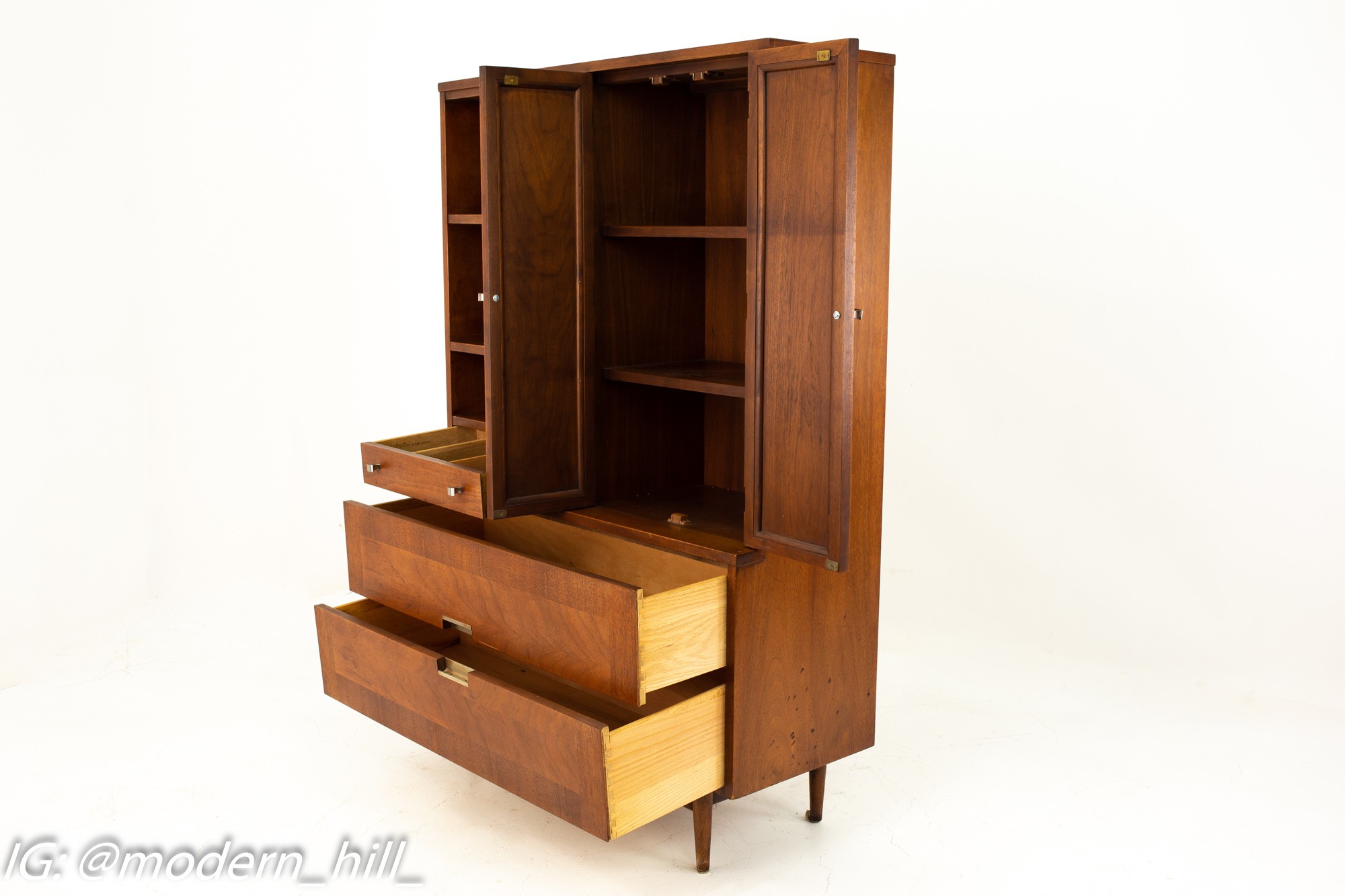 Merton Gershun for American of Martinsville Mid Century 2 Piece Walnut and Rattan China Cabinet Display Shelving
