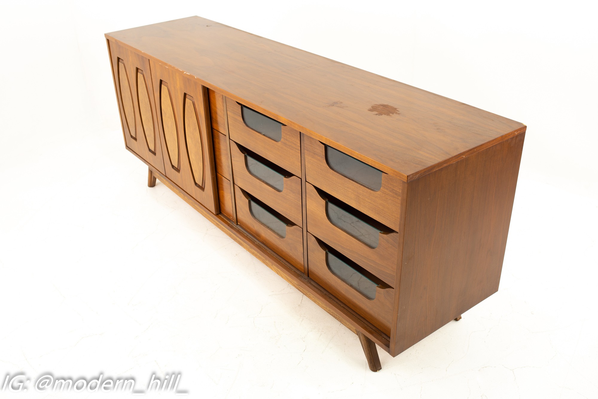 Milo Baughman Style Young Manufacturing Mid Century Walnut and Burlwood Lowboy Dresser