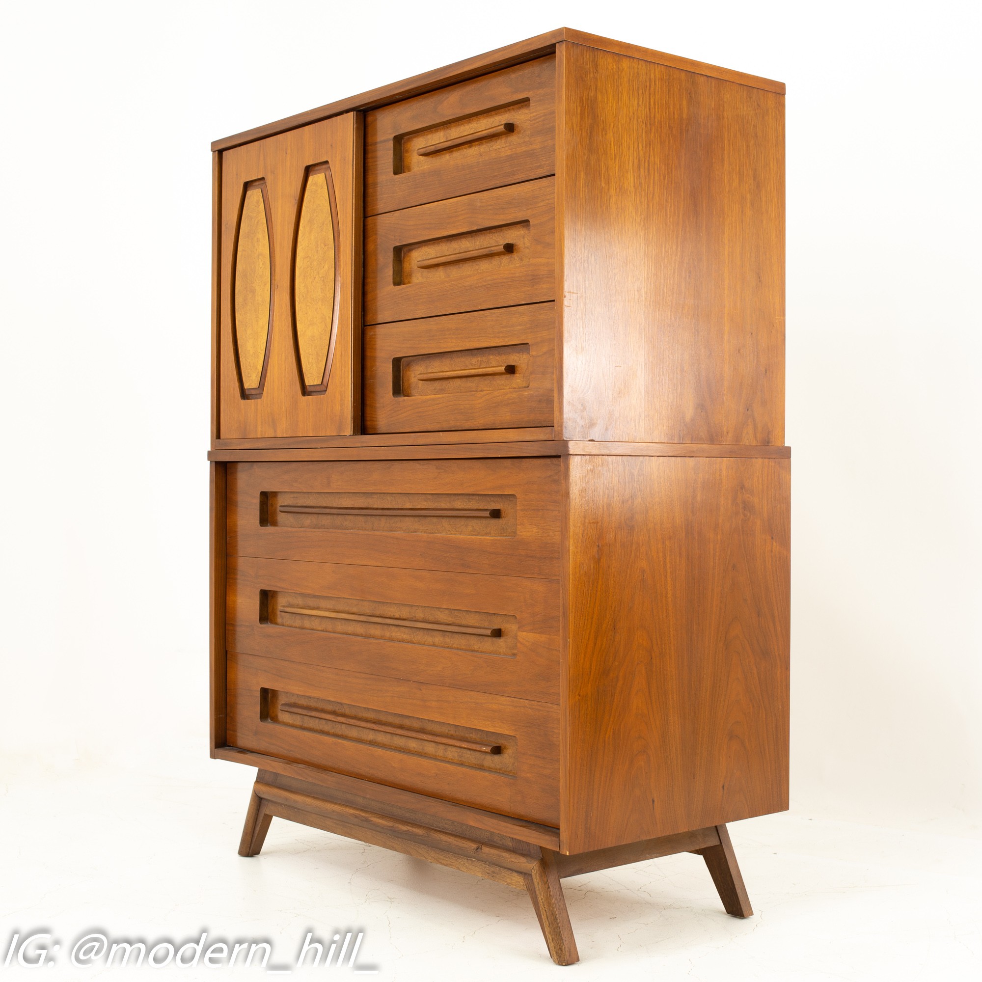 Milo Baughman Style Young Manufacturing Mid Century Walnut and Burlwood 9 Drawer Highboy Dresser