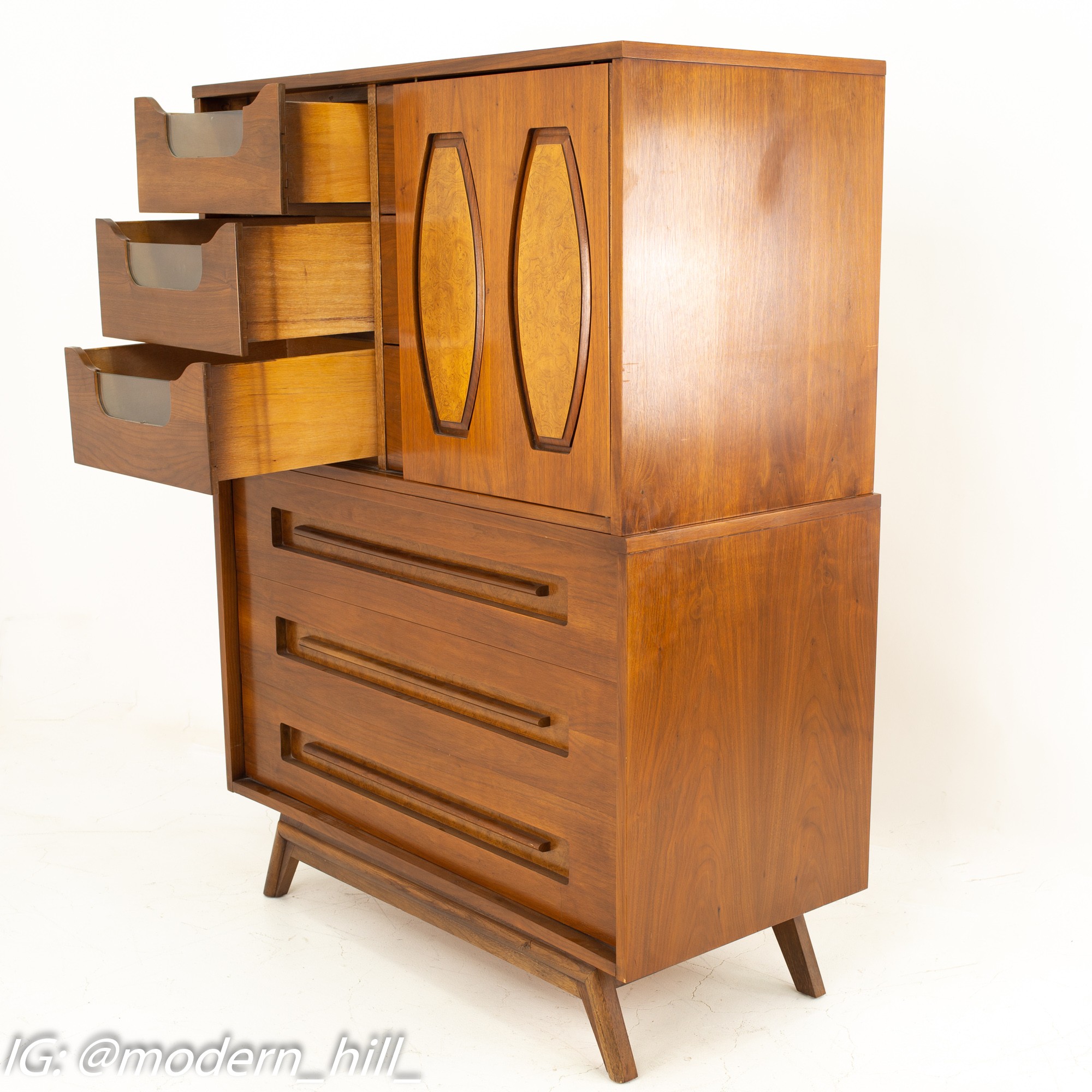 Milo Baughman Style Young Manufacturing Mid Century Walnut and Burlwood 9 Drawer Highboy Dresser