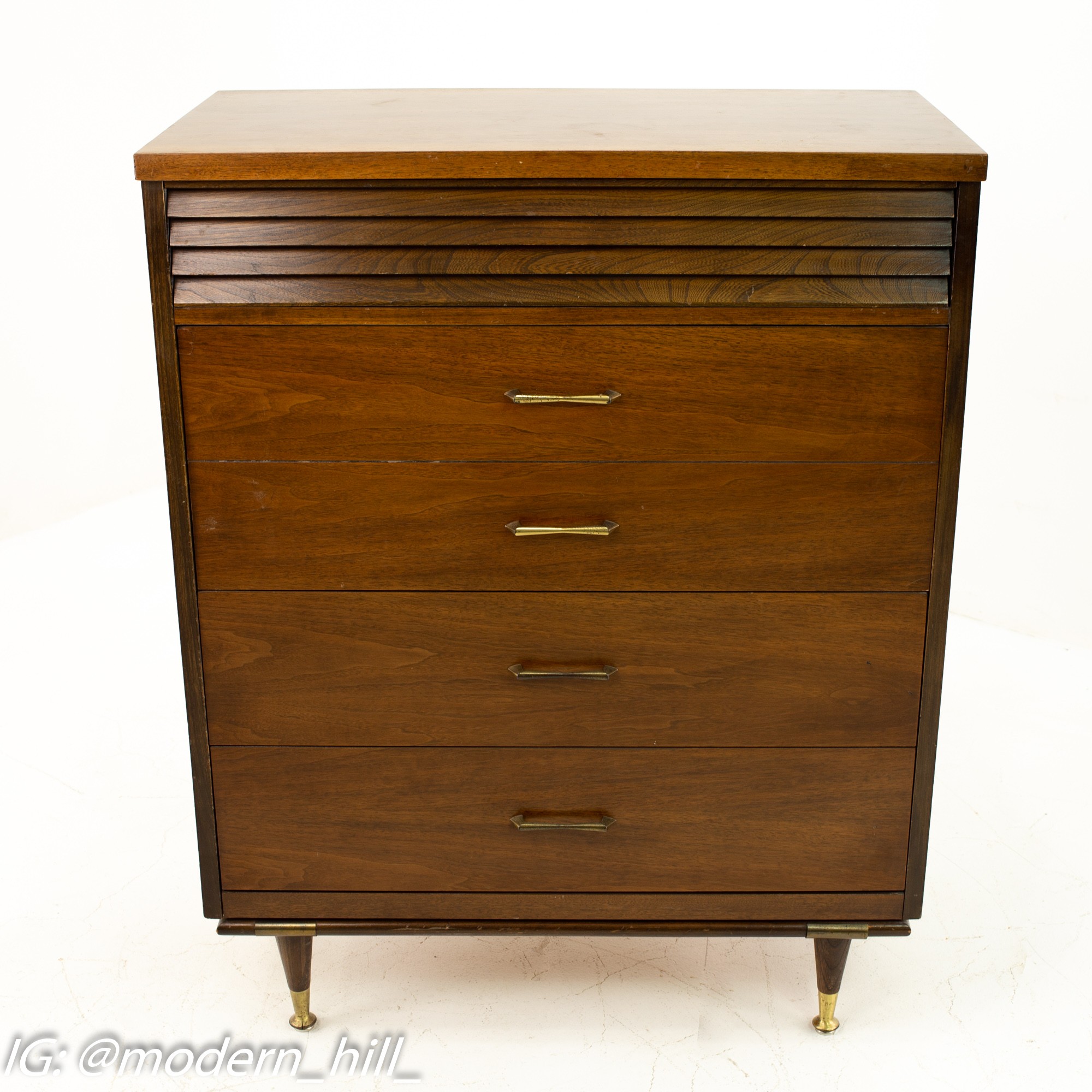 Merton Gershun Style Bassett Mid Century Walnut and Brass Louvered 5 Drawer Highboy Dresser
