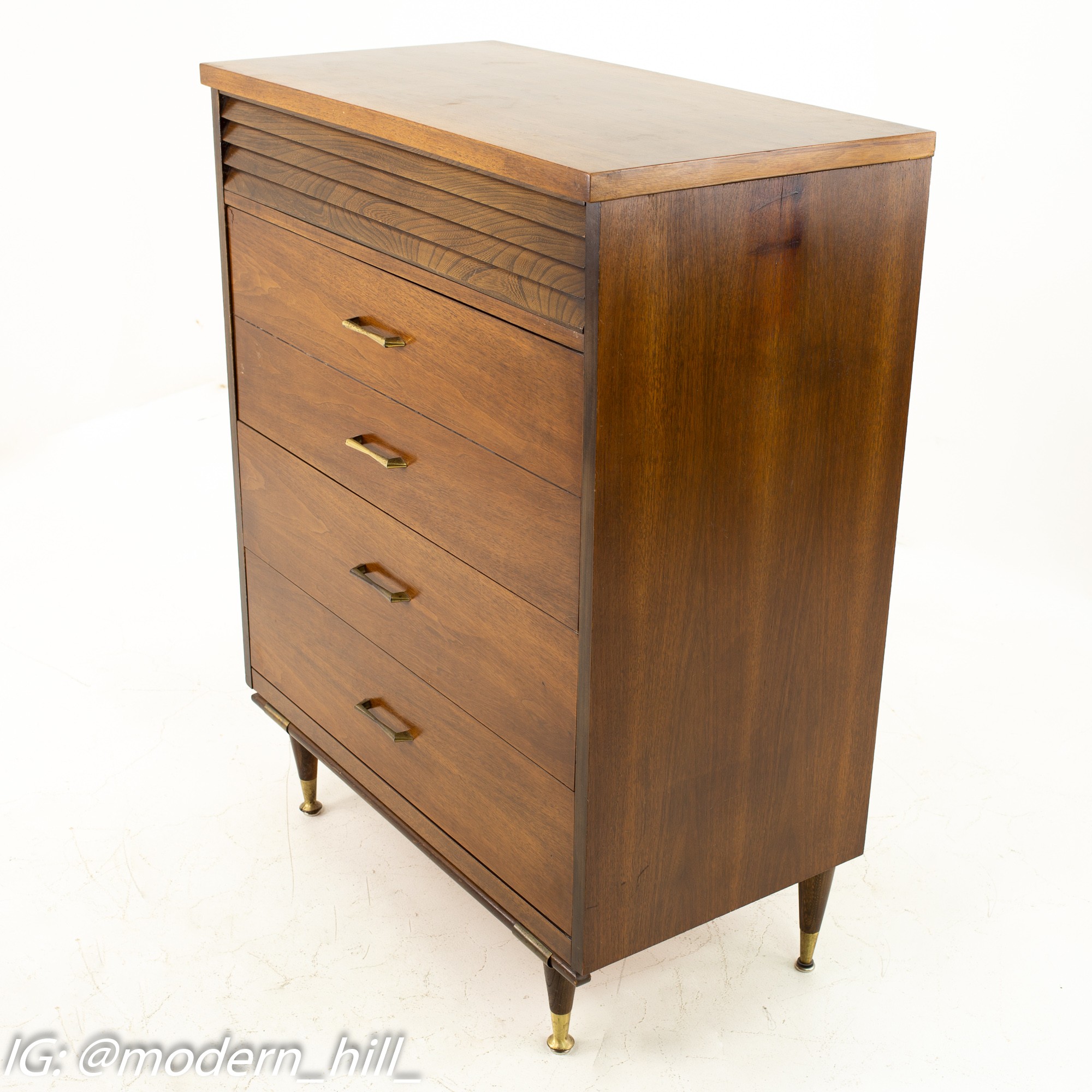 Merton Gershun Style Bassett Mid Century Walnut and Brass Louvered 5 Drawer Highboy Dresser