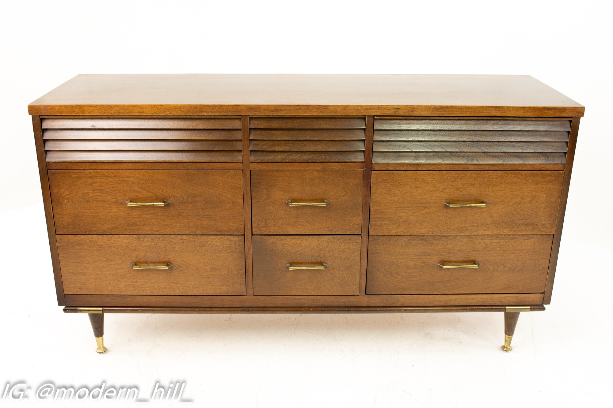 Merton Gershun Style Bassett Mid Century Walnut and Brass Louvered 9 Drawer Lowboy Dresser
