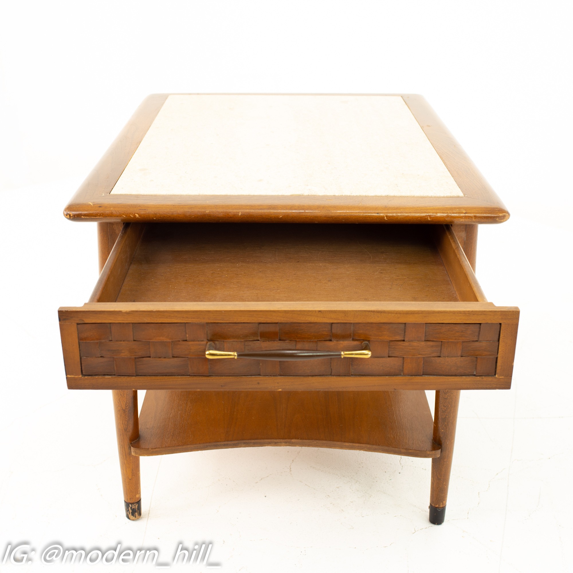 Lane Perception Mid Century Travetine Top Side End Tables - Pair