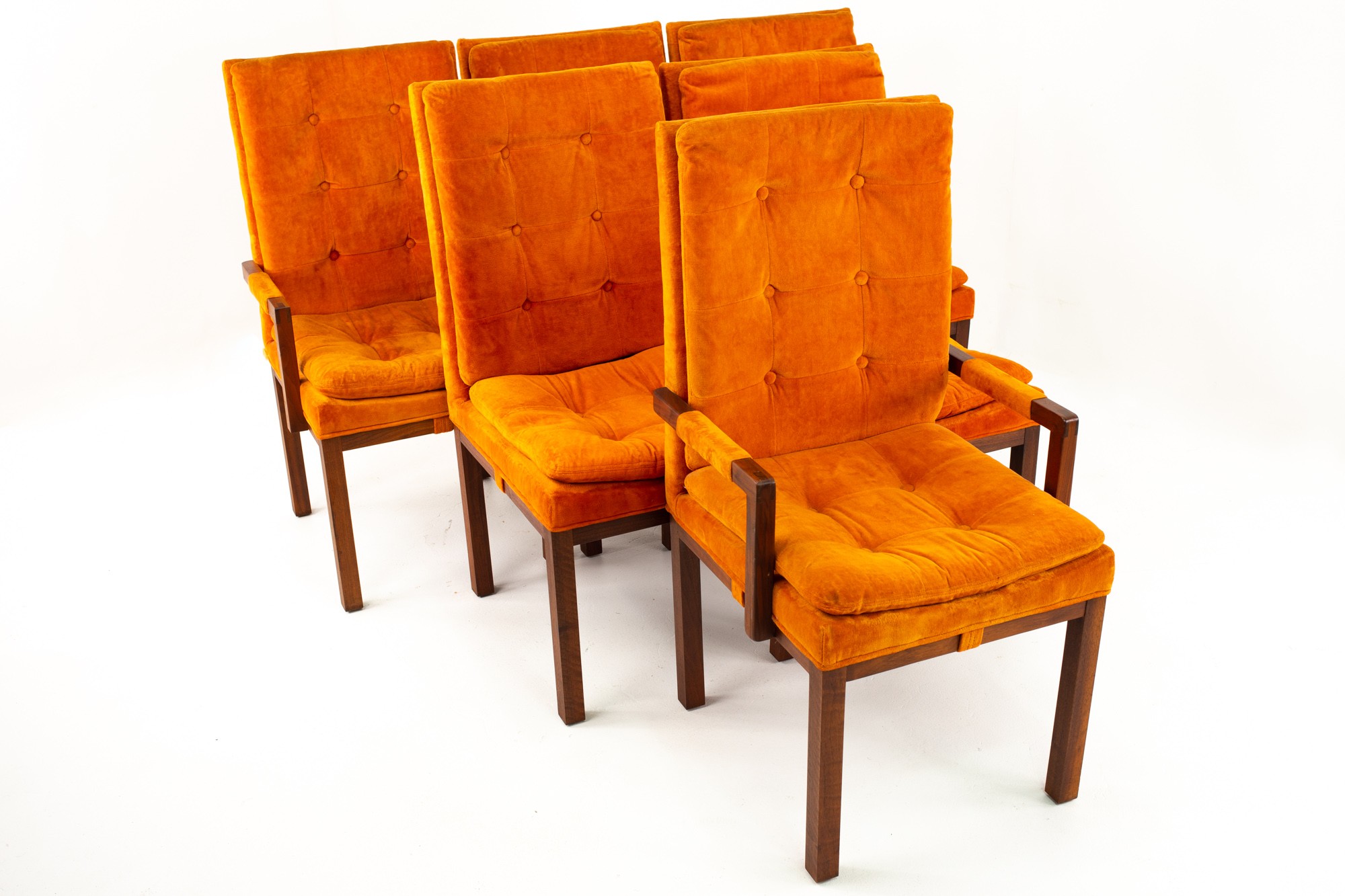 Milo Baughman Style Dillingham Orange and Walnut Upholstered Dining Chairs - Set of 6