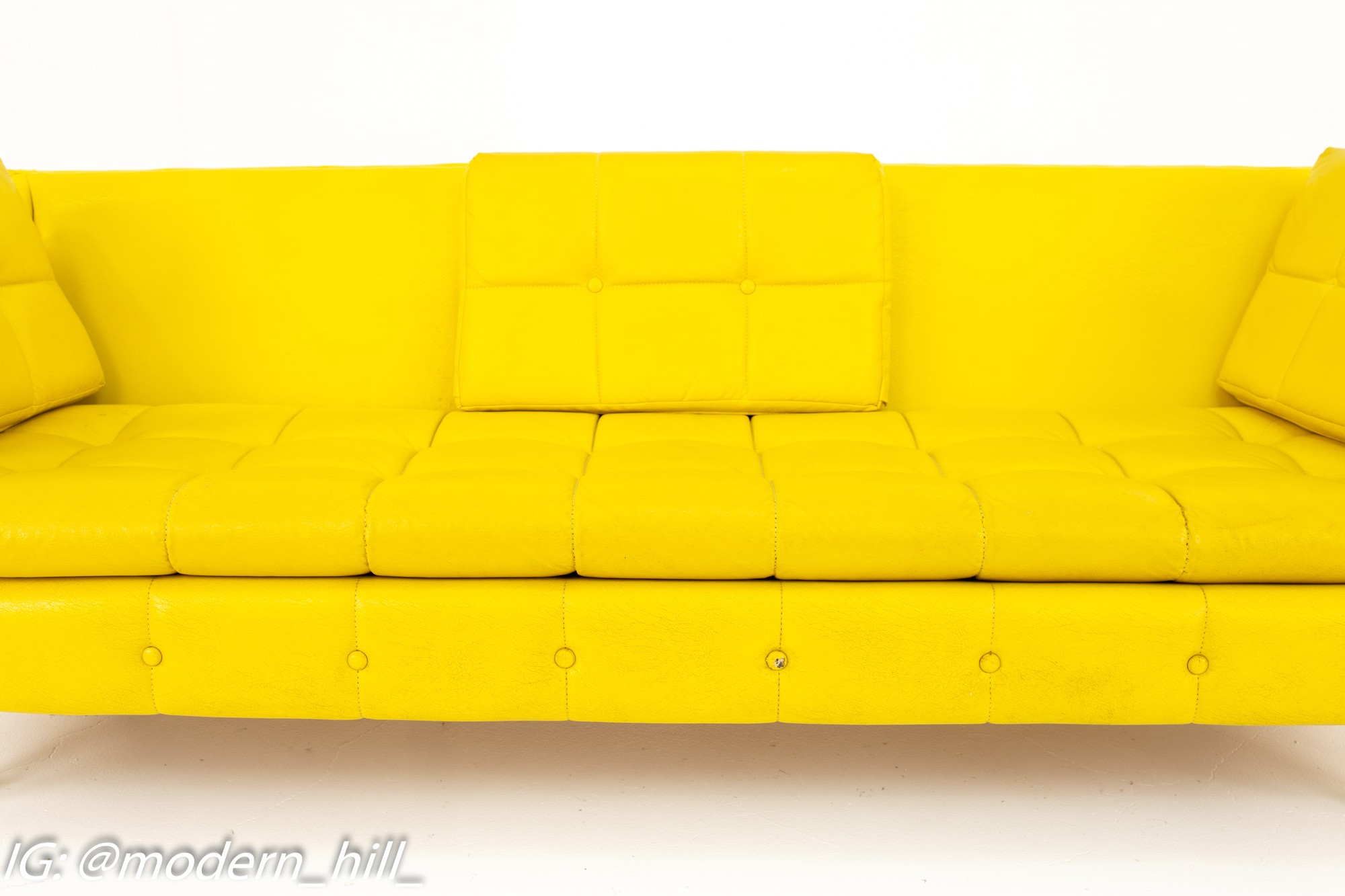 Milo Baughman Style Mid Century Tufted Canary Yellow Sofa
